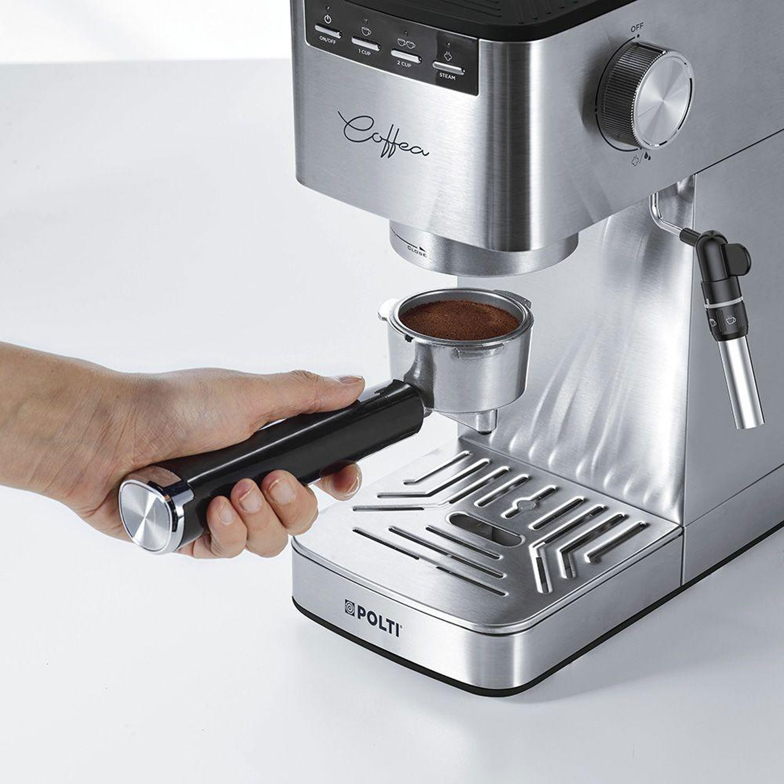 Polti Coffea P10S Siebträger-Espressomaschine (15 bar, 1,3 Liter, Milchschaumdüse, Edelstahlgehäuse, gemahlener Kaffee &; E.S.E.-Pads)