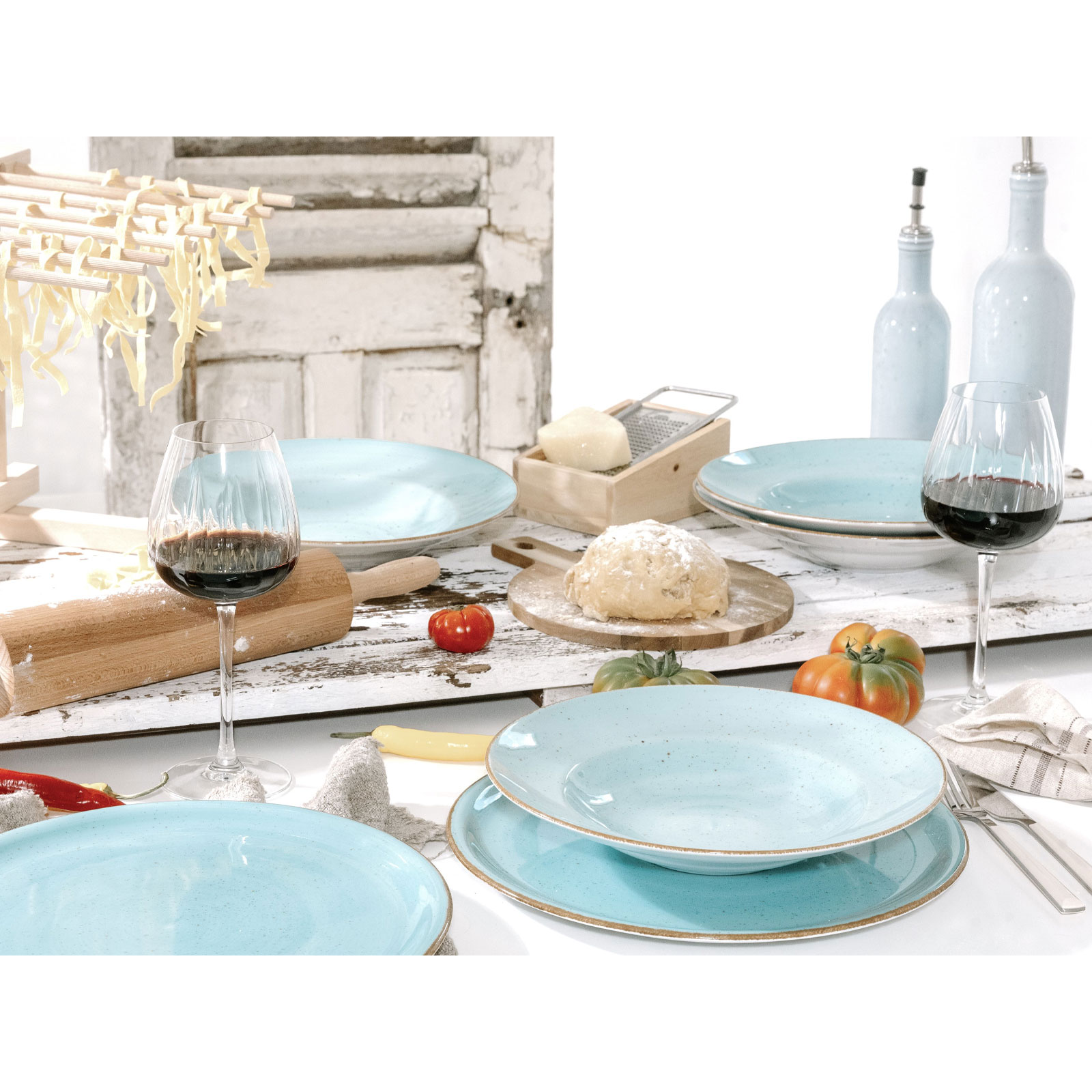 CreaTable, 34045, Serie Vintage Nature Aqua, 4-teiliges Geschirrset, Pizzateller aus Porzellan, spülmaschinen- und mikrowellengeeignet, Made in Europe