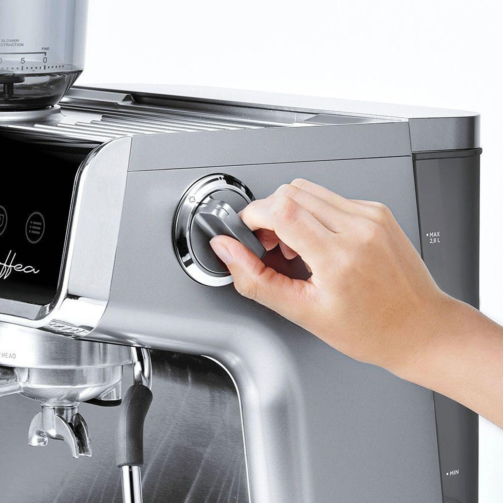 Polti Coffea G50S Siebträger-Espressomaschine (15 bar, 1600 Watt, Barista, Touchpanel, Edelstahl-Tamper, 30 Mahlgrade, 2,8 Liter Wassertank, Doppel-Ausgabe)