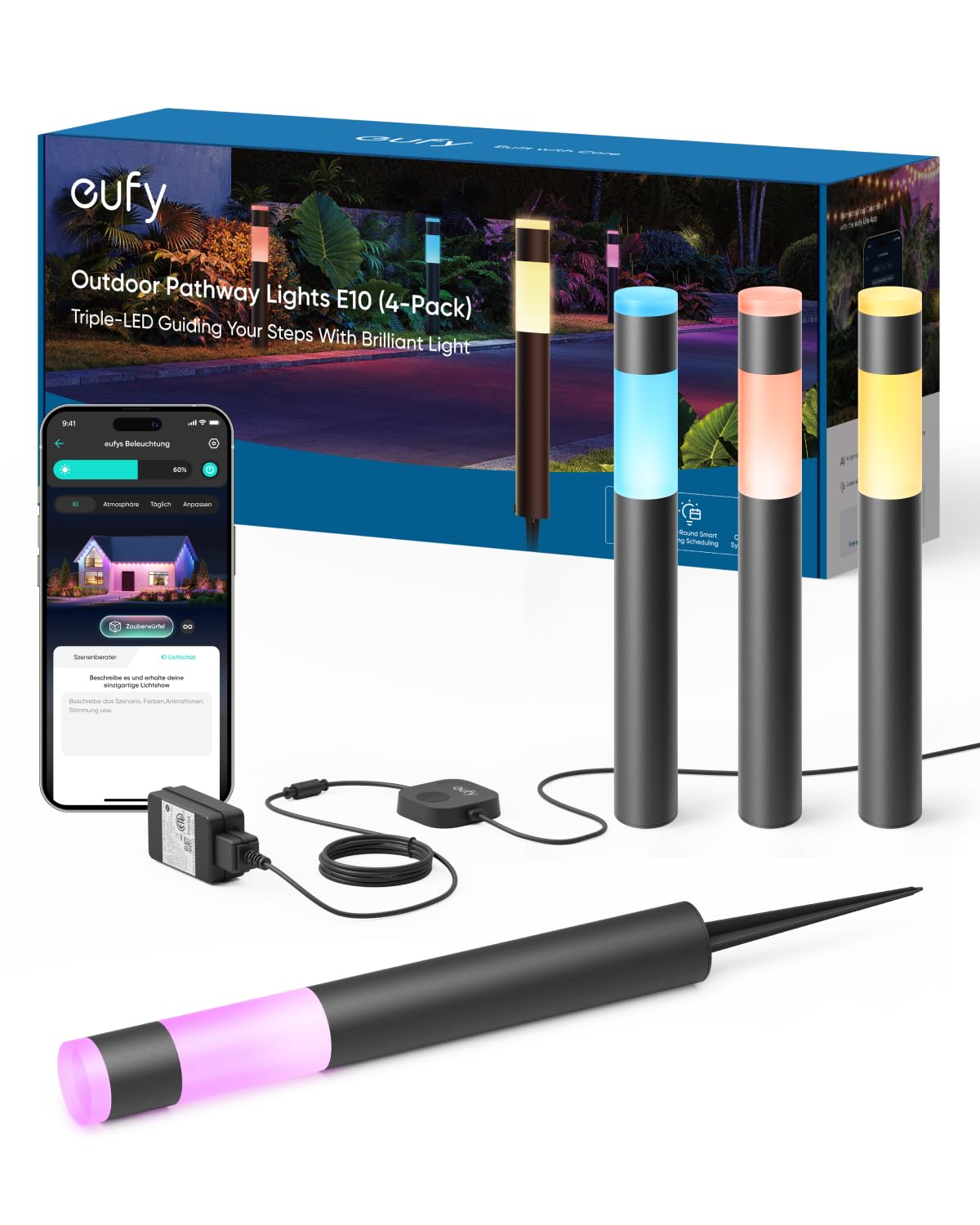 eufy Außen-Wegeleuchten E10, 4er-Pack, Smarte Verkabelte RGBWW LED Leuchten