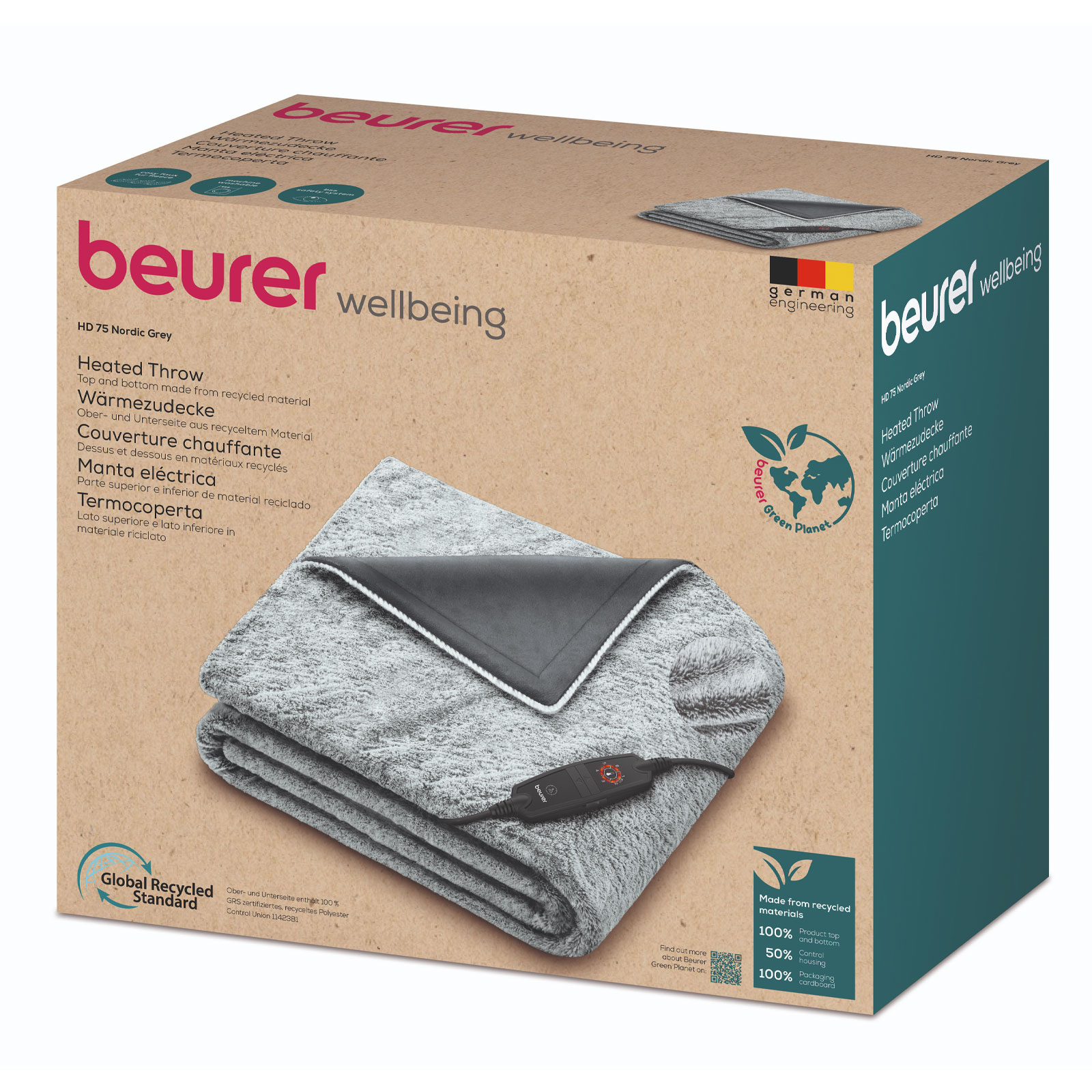 BEURER HD 75 Nordic Grey Green Planet Wärme-Kuscheldecke