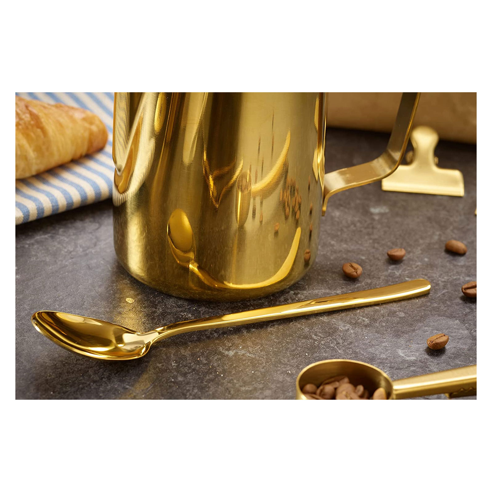 Echtwerk  Kaffeezubehör-Set, 23-tlg, Milchschaumkännchen 600 ml, Kakaostreuer, 4x Espresso-, 4x Cappuccino-, 4x Latte Macchiato-Löffel, 4x Kaffeeclips, 4x Kaffeeschablonen, Kaffeemesslöffel, Silber