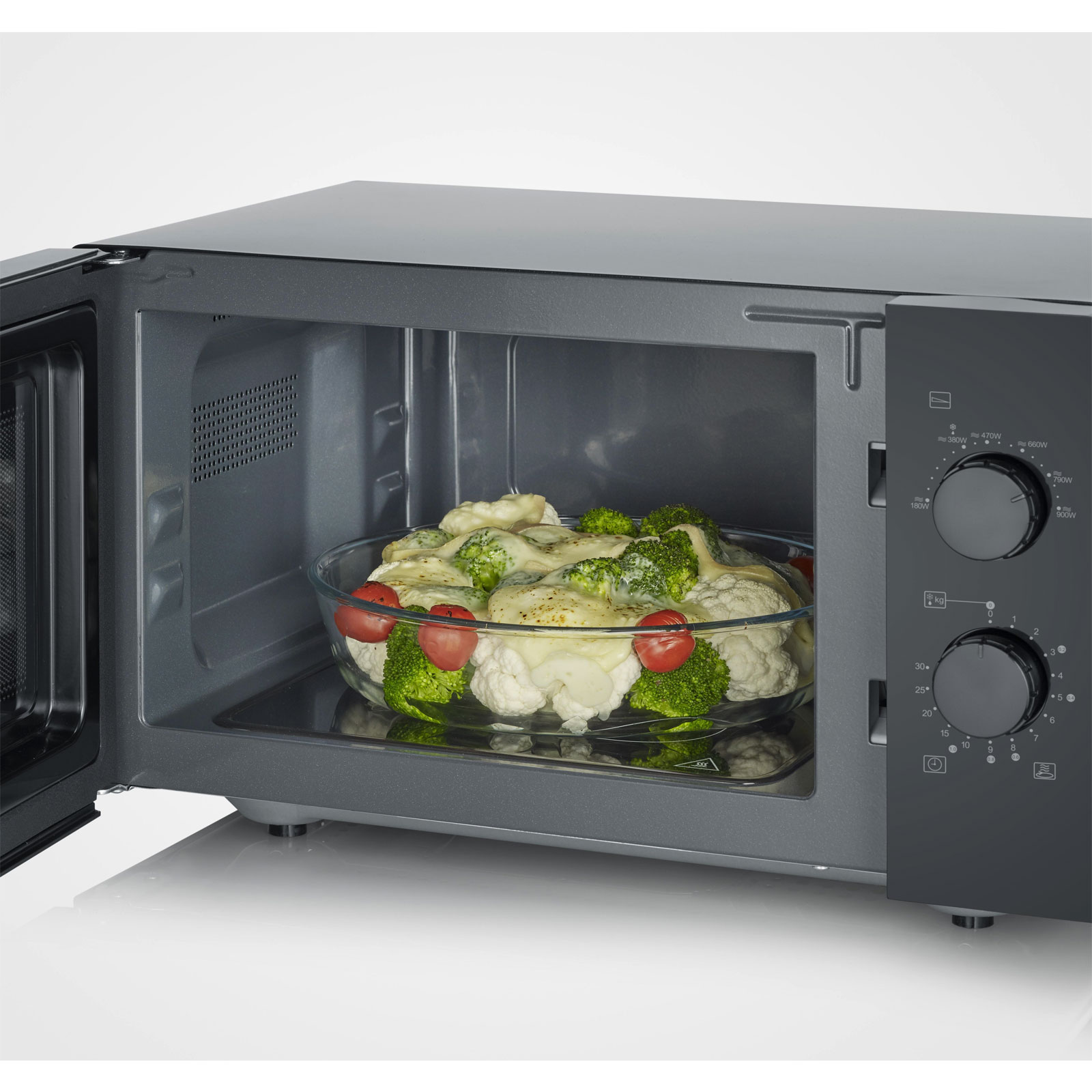 SEVERIN MW 7789 Mikrowelle (25 Liter, 800 Watt Mikrowellenleistung, 6 Leistungsstufen, 6 Programme, Timer, Glasboden mit Mikrowellenreflektor, matt Schwarz)