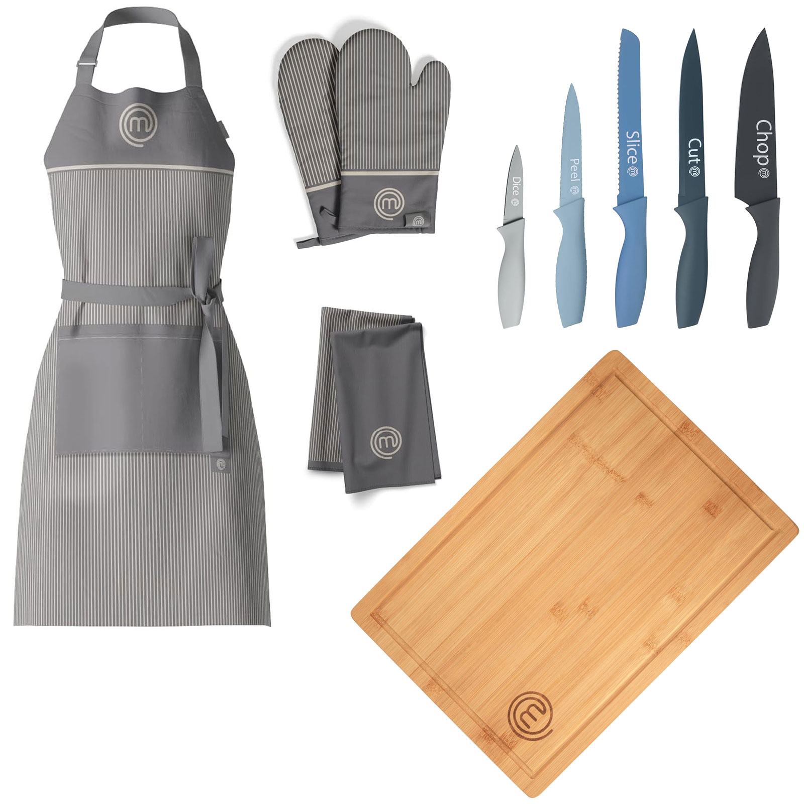 MasterChef FSC Schneidebrett + 5-teiliges Küchenmesser-Set + Küchentextilien-Set 3-teilig