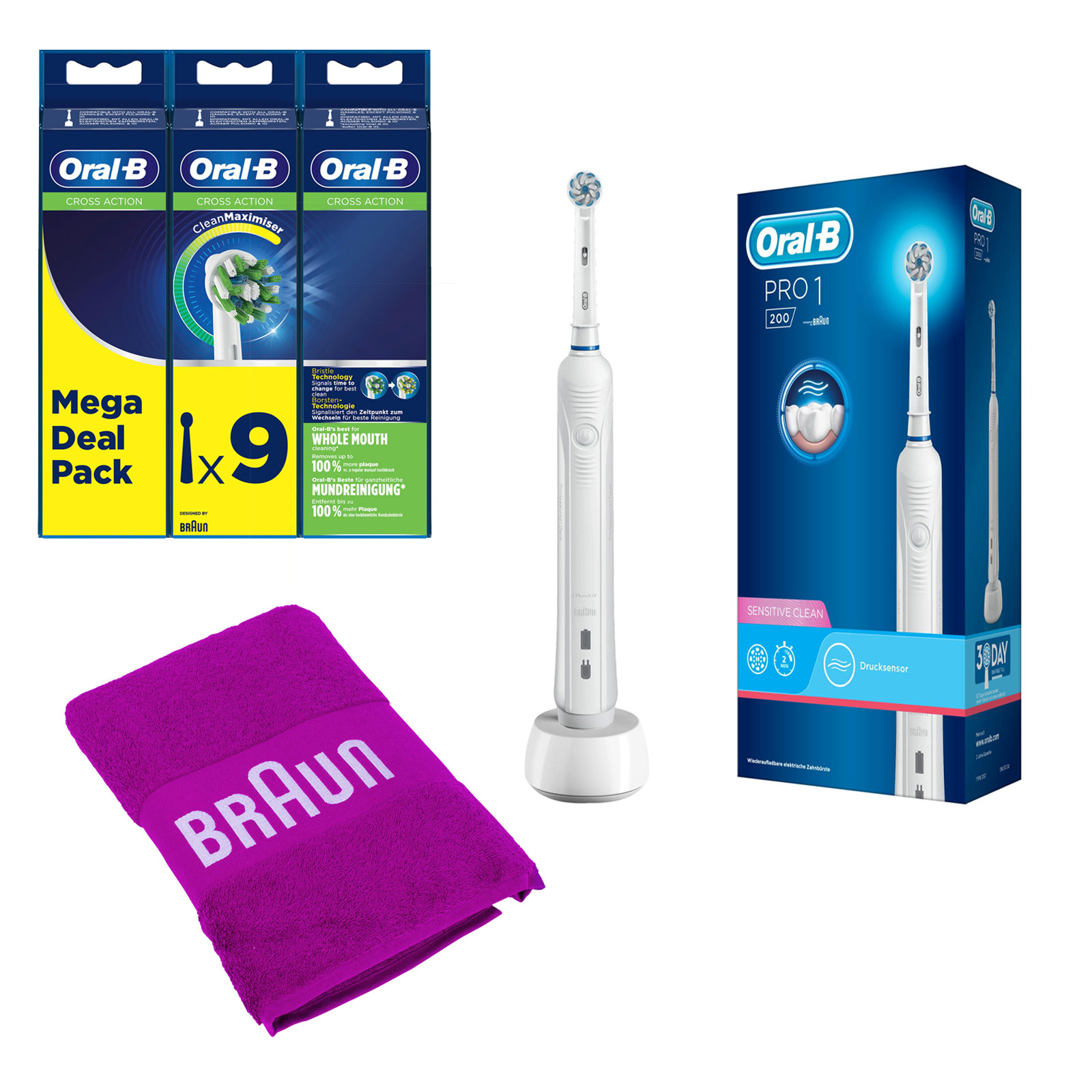 BRAUN Oral-B Pro 1-200 SensiUltraThin Zahnbürste inkl. CrossAction Aufsteckbürsten Handtuch