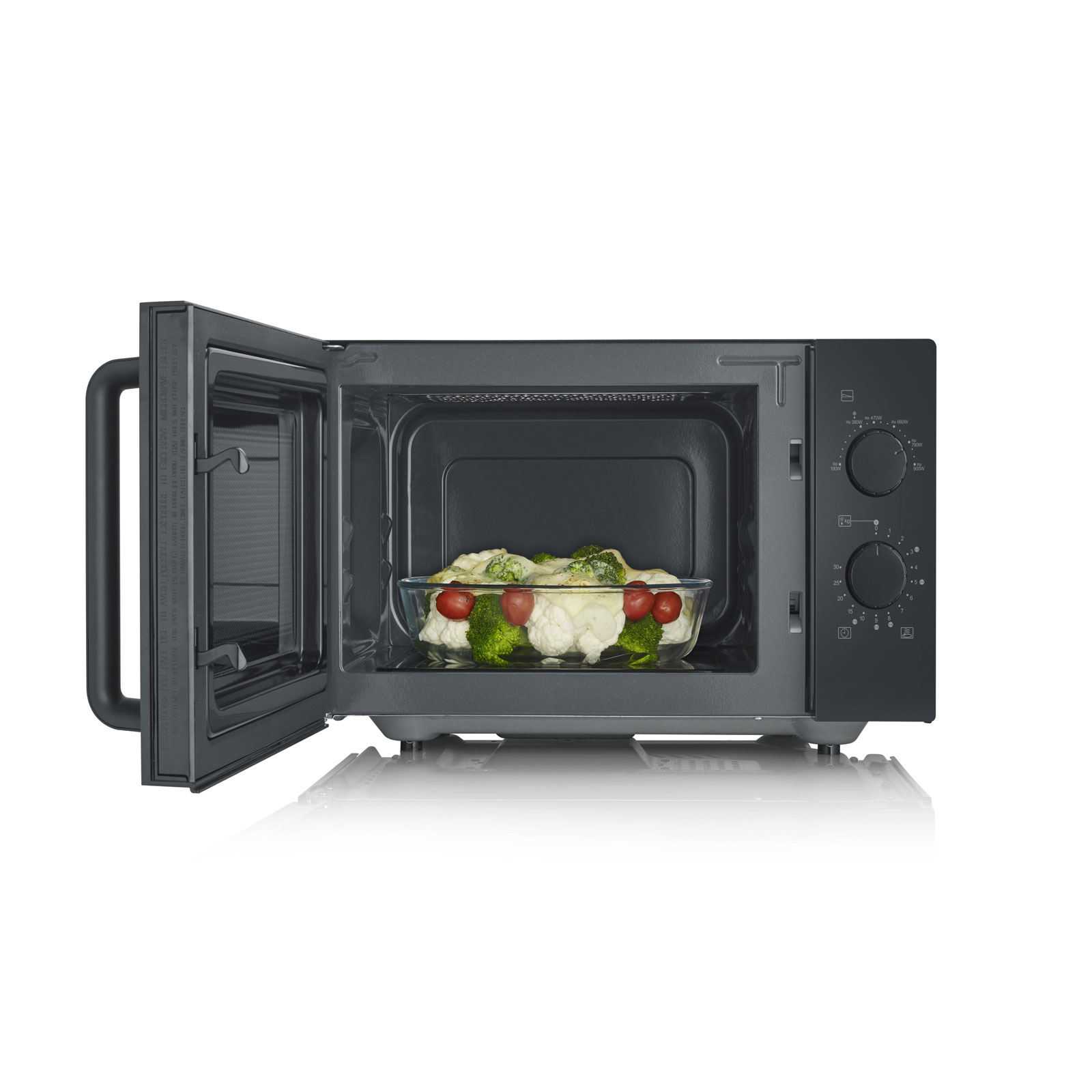 SEVERIN MW 7789 Mikrowelle (25 Liter, 800 Watt Mikrowellenleistung, 6 Leistungsstufen, 6 Programme, Timer, Glasboden mit Mikrowellenreflektor, matt Schwarz)