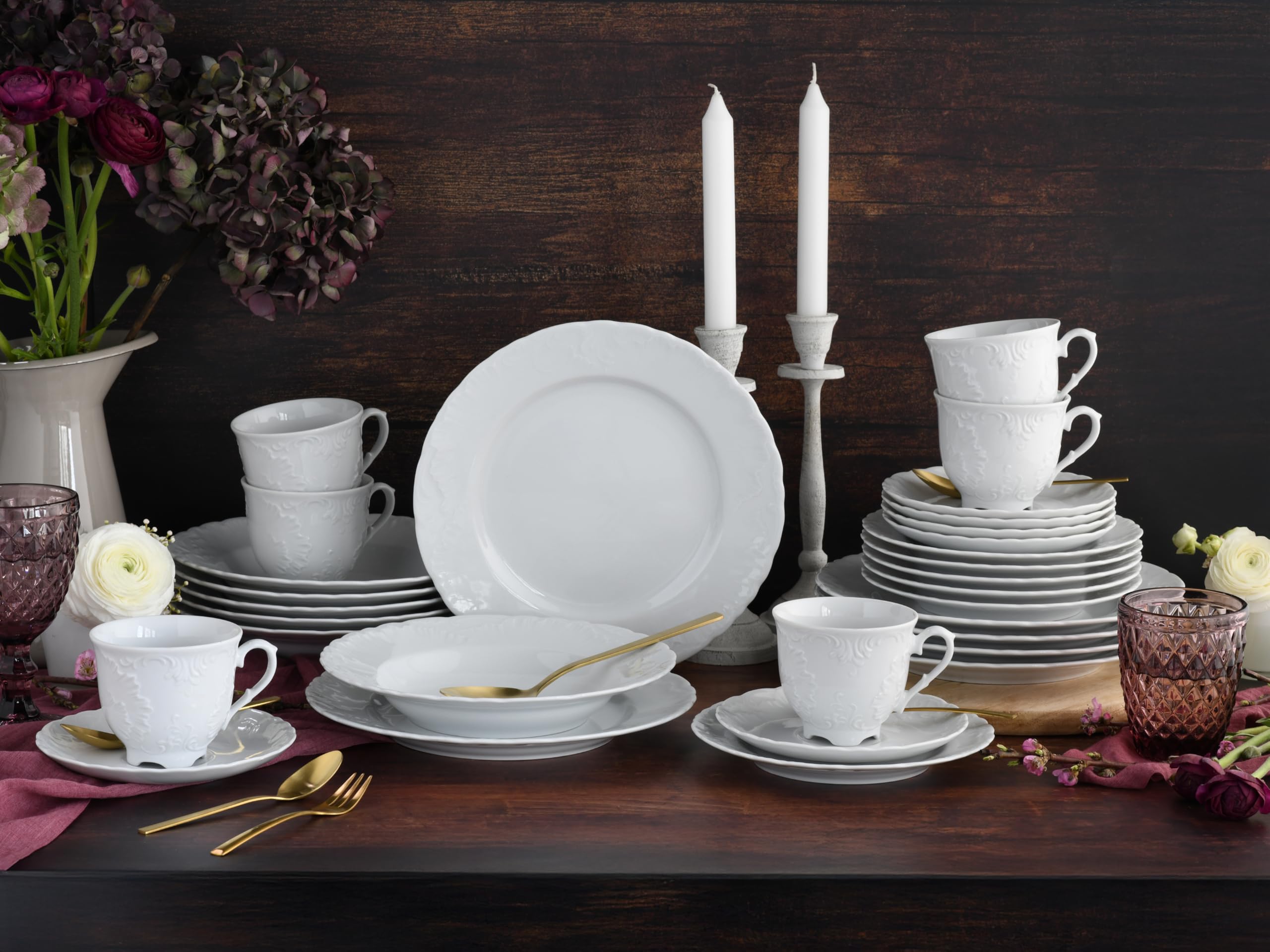 CreaTable, 12644, Serie Rokoko Weiss, 30-teiliges Geschirrset für 6 Personen