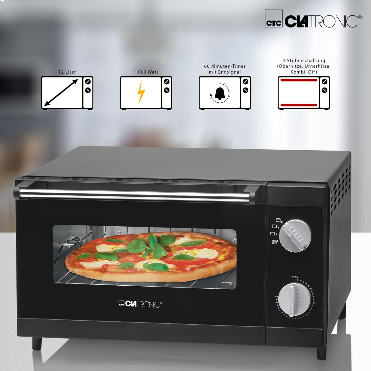 Clatronic Pizzaofen, 12 Liter Backraum, Minibackofen