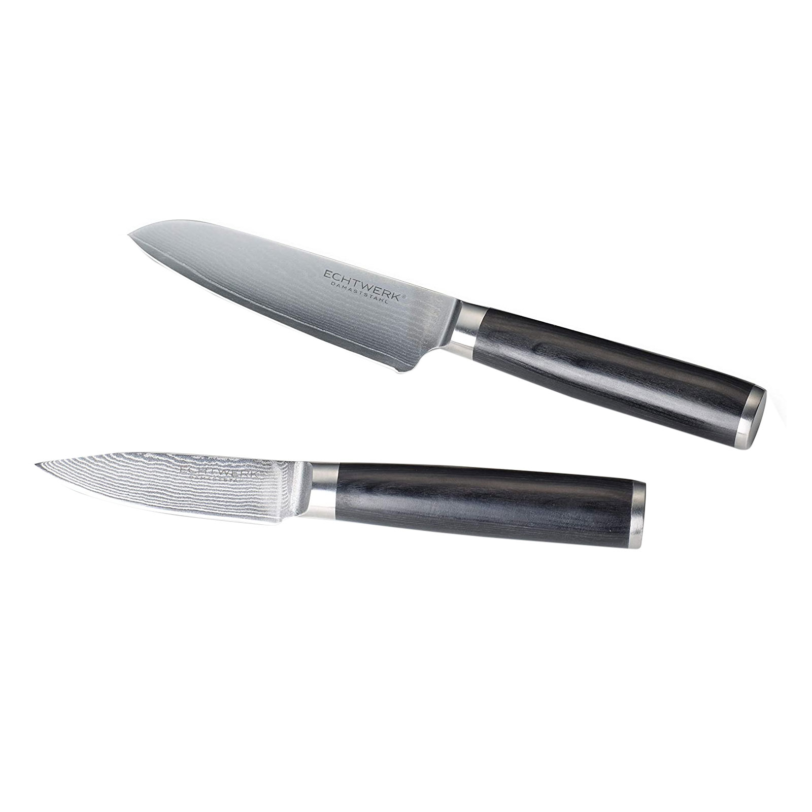 Echtwerk 2-tlg. Damaszener Messer Set, Santokumesser ca. 13cm/Schälmesser ca. 8cm, Damaststahl, Messergriffe aus Pakka-Holz, Inkl. Aufbewahrungsbox
