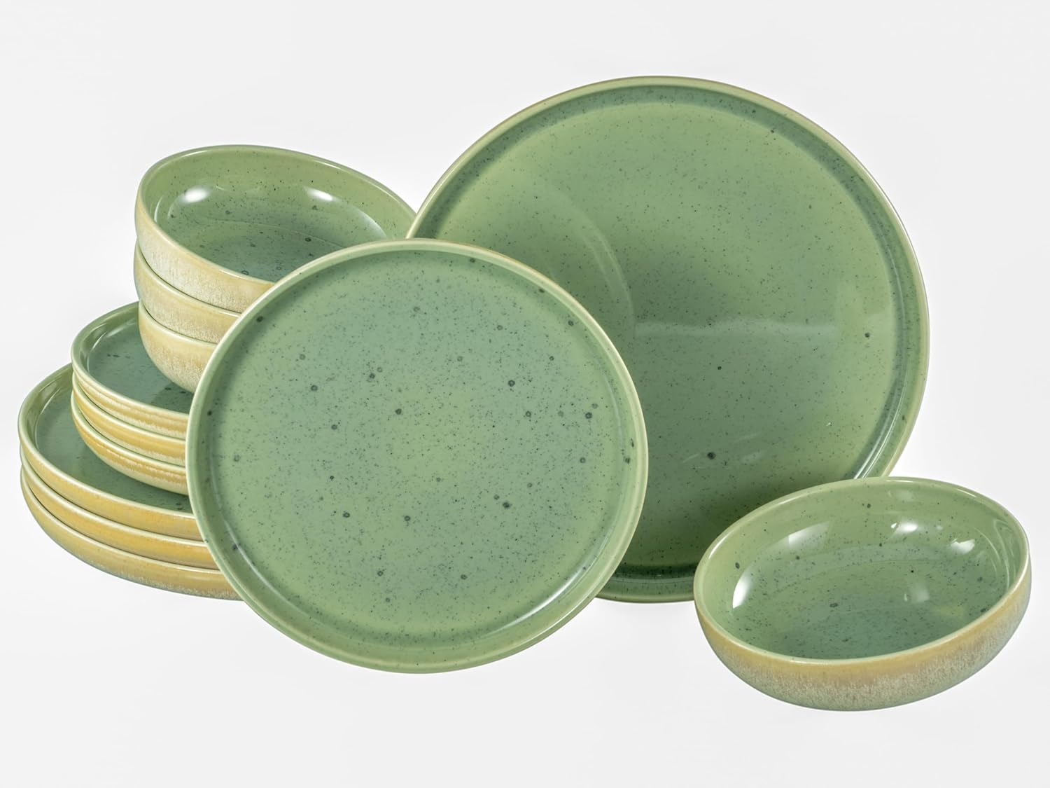 CreaTable, 23716, Serie Uno Romana Grün , 12-teiliges Geschirrset, Teller Set aus Steinzeug, spülmaschinen- und mikrowellengeeignet, Qualitätsproduktion