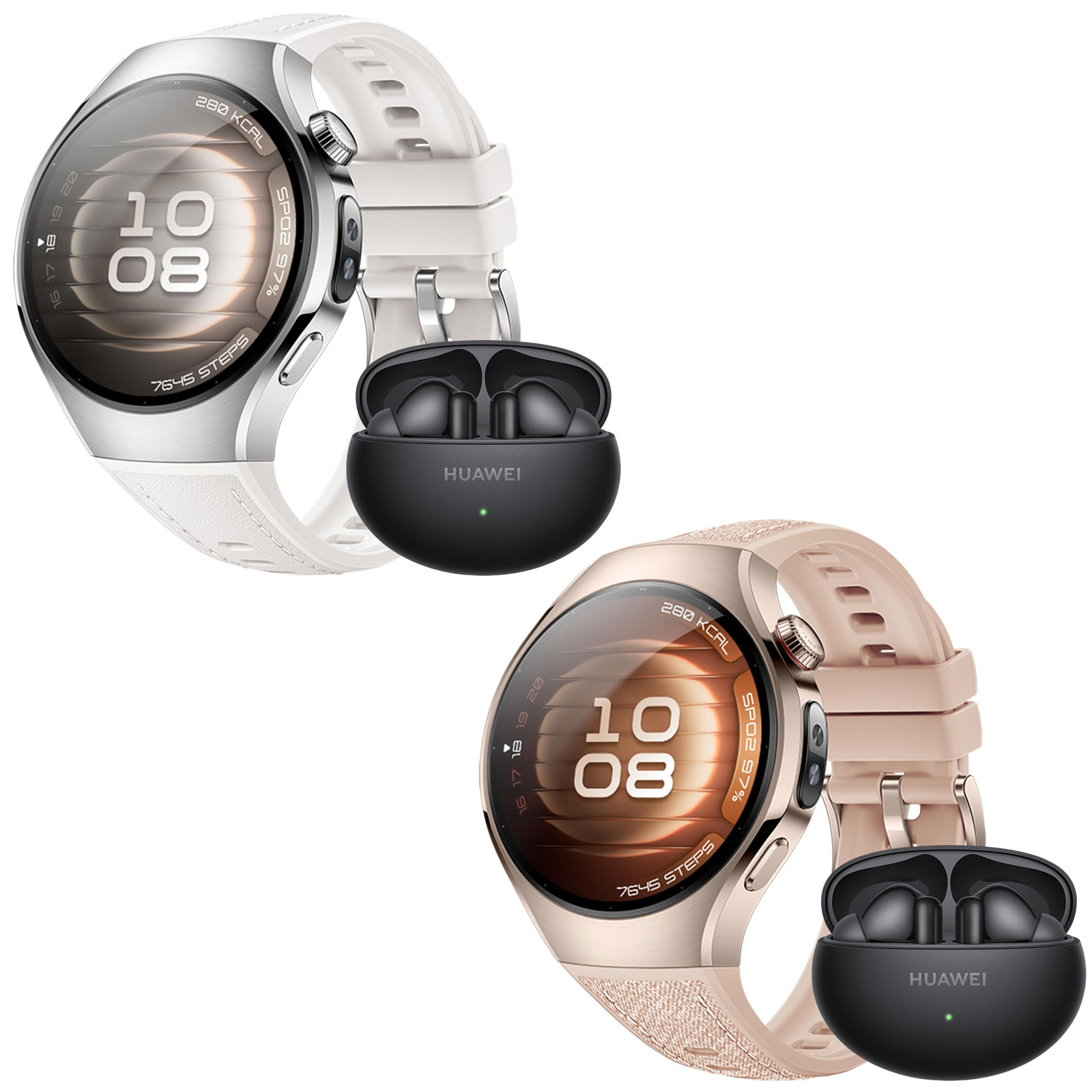 Huawei Watch 5, 42 mm, Sandgoldenes 904L Edelstahlgehäuse mit beigem Kompositarmband + FreeBuds 6i (Herzfrequenzmessung, Schlafüberwachung, Schrittzähler)