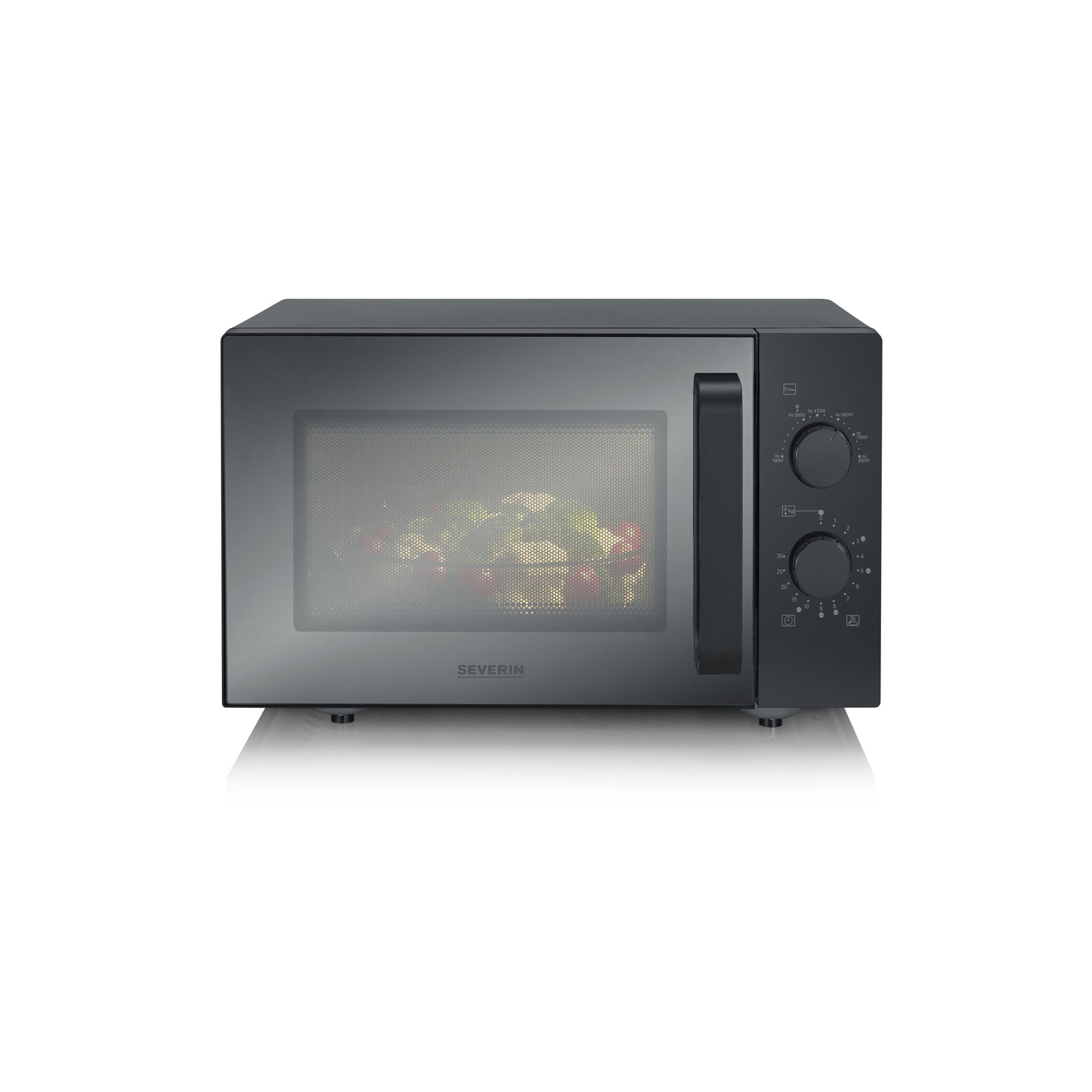 SEVERIN MW 7789 Mikrowelle (25 Liter, 800 Watt Mikrowellenleistung, 6 Leistungsstufen, 6 Programme, Timer, Glasboden mit Mikrowellenreflektor, matt Schwarz)