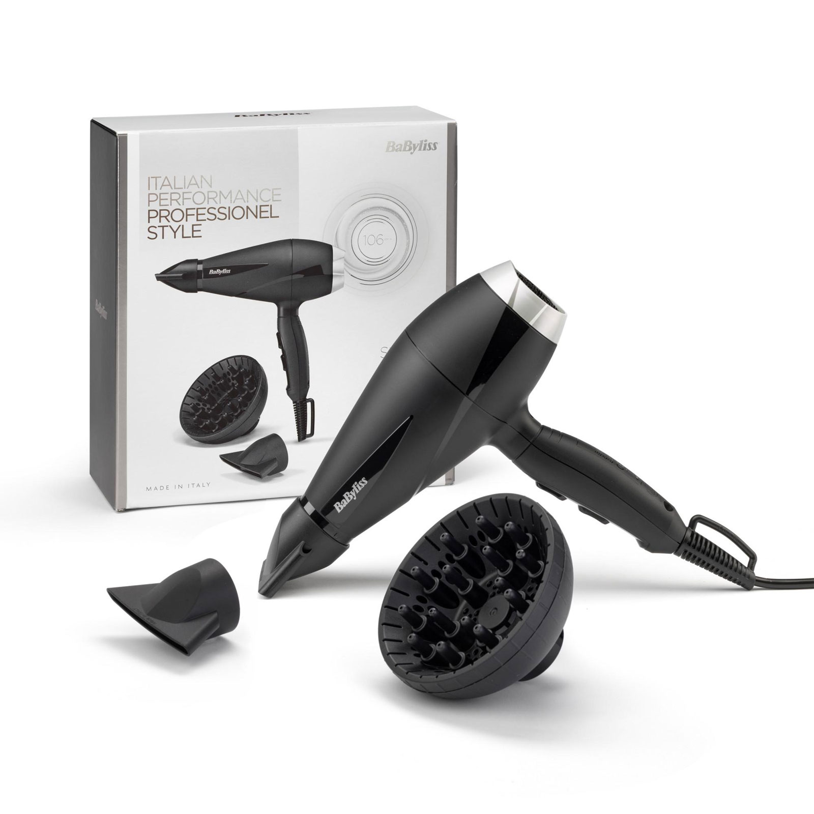 BABYLISS Haartrockner 6710DE Turbo Pro 2100 (2.100 Watt, AC-Motor, 2 Temperatur-/ 2 Geschwindigkeitsstufen, feststellbare Kaltlufttaste, Ionen-Technologie, 2 Zentrierdüsen, Diffusor, 2,8 m Kabel, Made in Italy)