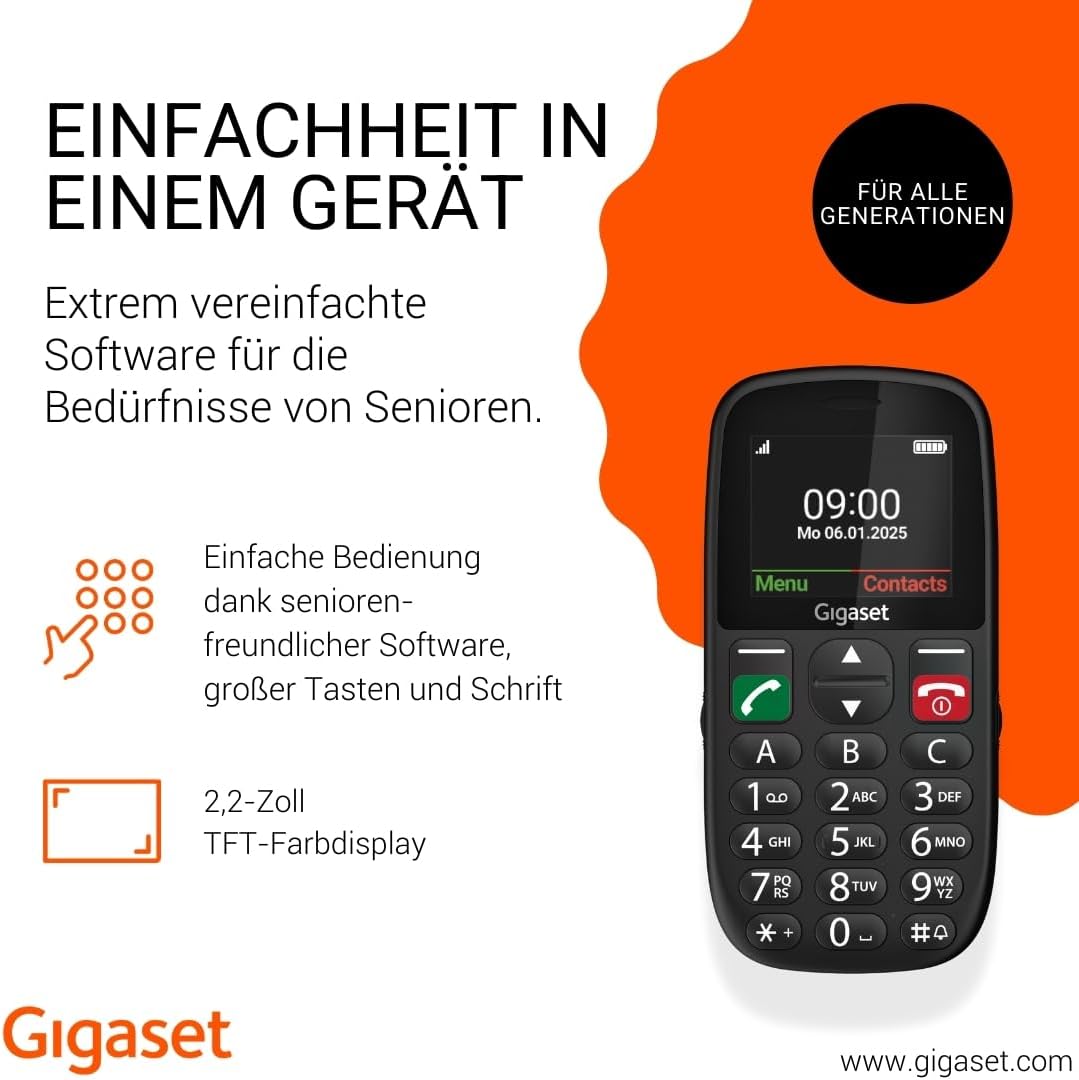 Gigaset GL395 Mobiltelefon einfache Bedienung für Senioren, große Tasten & SOS-Notruftaste Staub- & spritzwassergeschützt