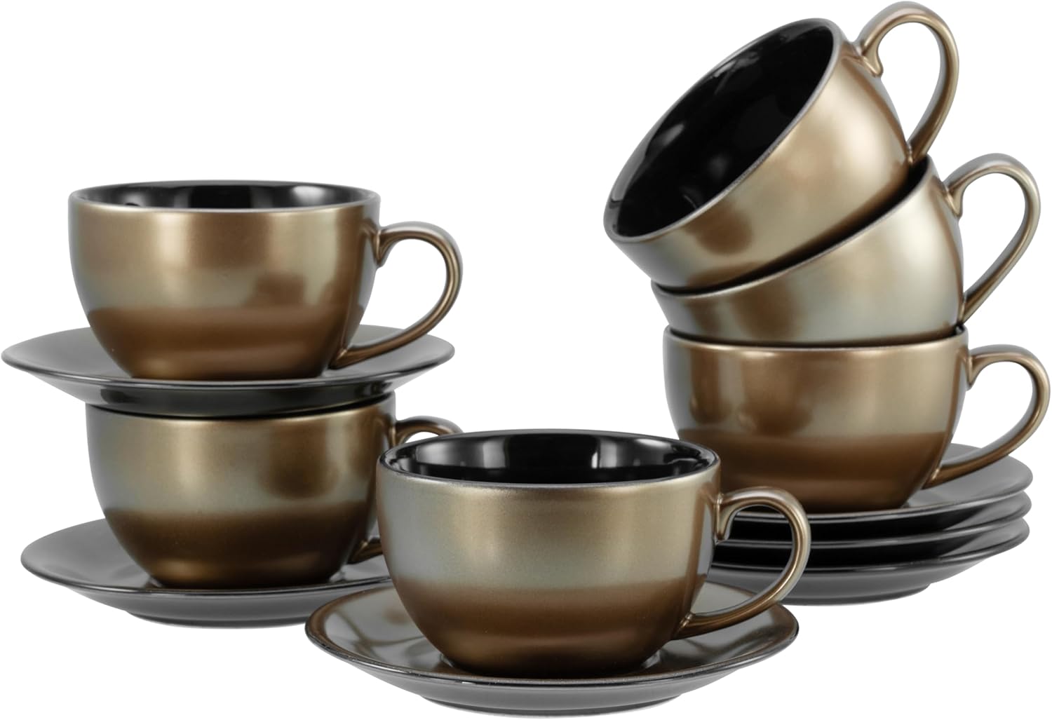 CreaTable, 24331, Serie Golden Days Schwarz, 12-teiliges Geschirrset, Cappuccino Set aus Steinzeug