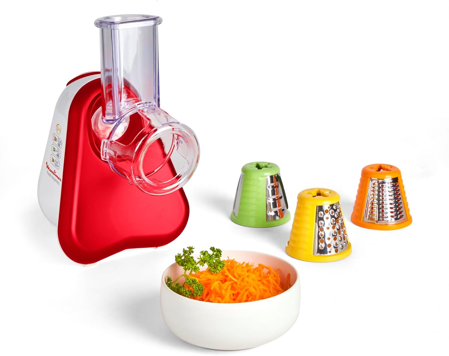 Moulinex DJ7535 Fresh Express 3 in 1 Elektrisches Schnitzelwerk, Gemüseschneider, Gemüsehobel, 150W, 3 Einsätze