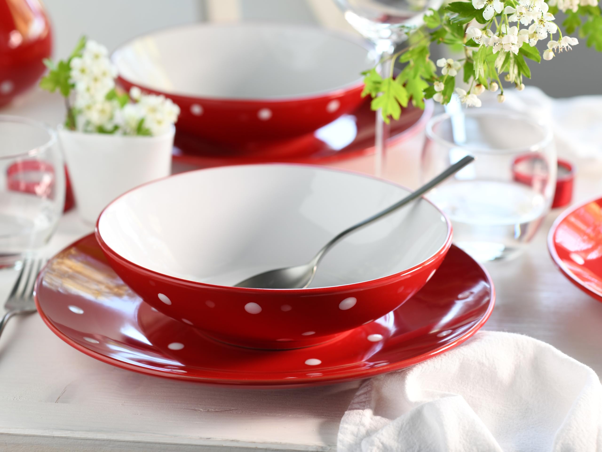 CreaTable 24593 Tafelservice Serie Polka Dots Rot-Weiss 12-tlg.  6 Personen