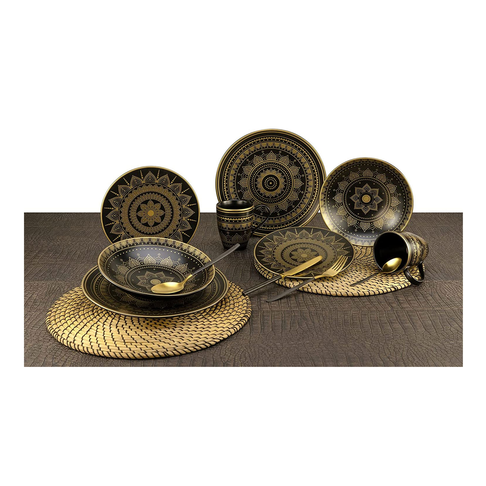 CreaTable, 23586, Serie MANDALA GOLD - schwarz, Geschirrset, Kombiservice 16 teilig