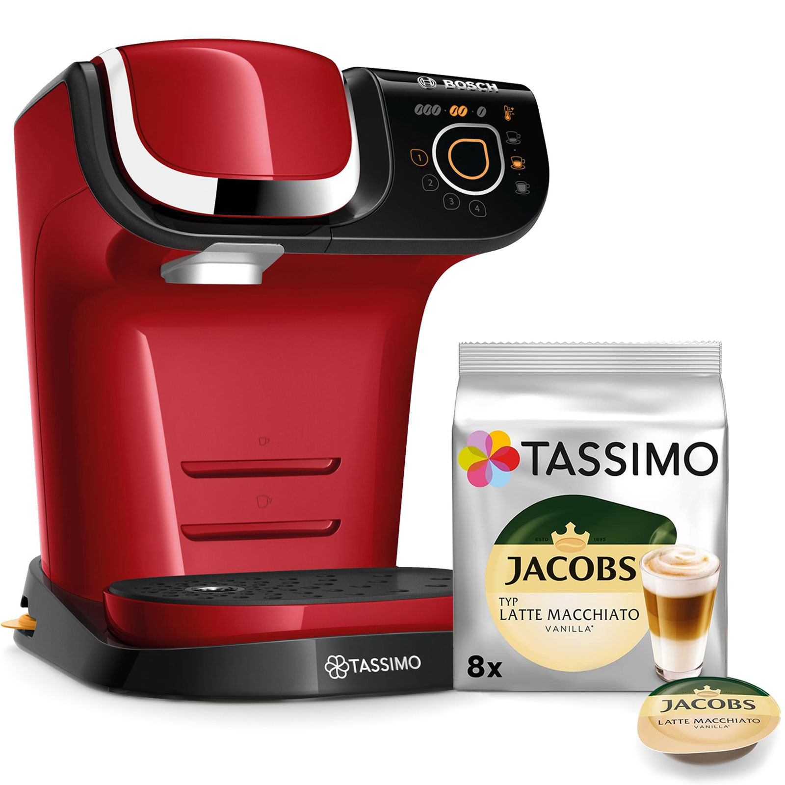 Bosch TAS6502 Tassimo Kapselmaschine + Jacobs Kaffeekapseln Latte Macchiato Vanille