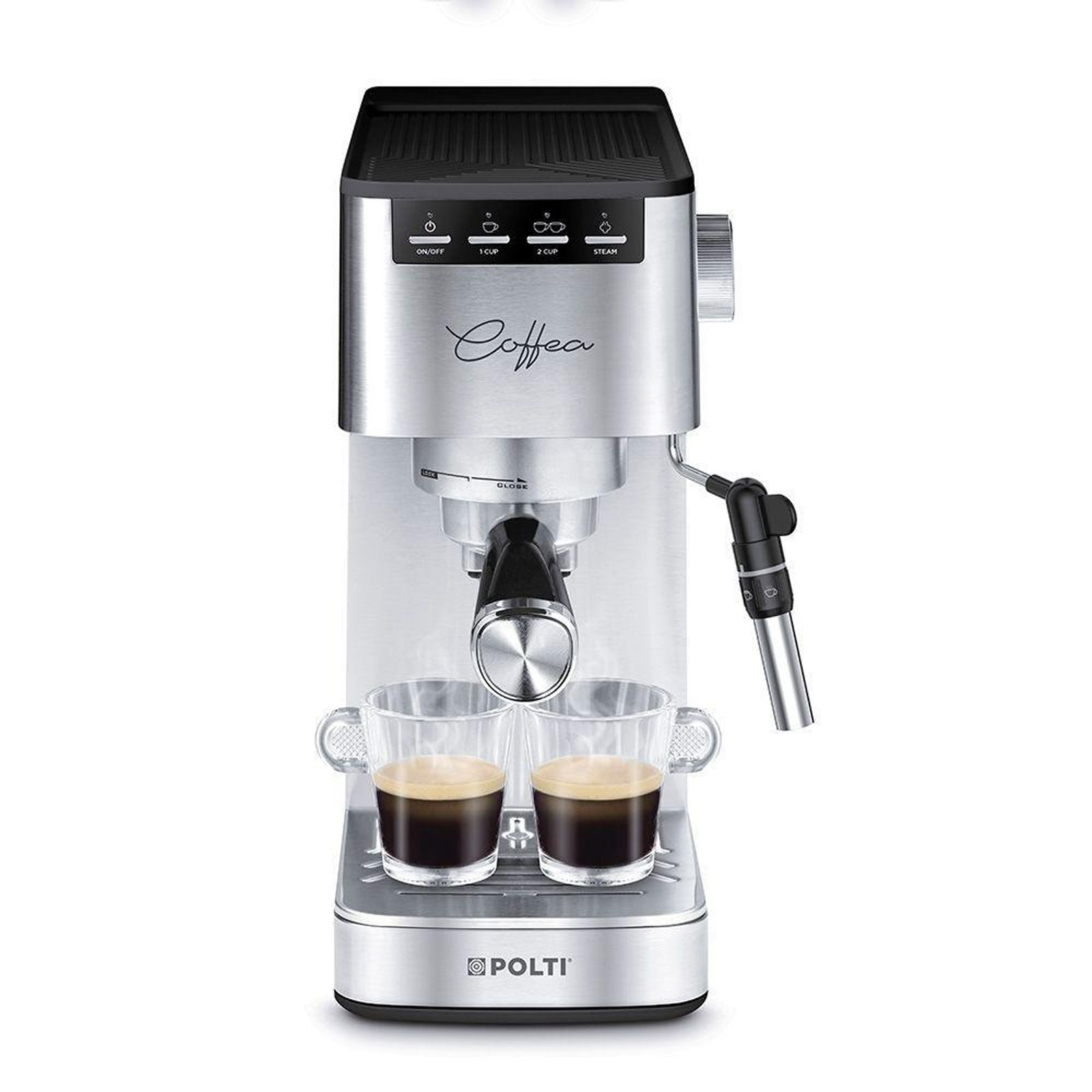 Polti Coffea P10S Siebträger-Espressomaschine (15 bar, 1,3 Liter, Milchschaumdüse, Edelstahlgehäuse, gemahlener Kaffee &; E.S.E.-Pads)