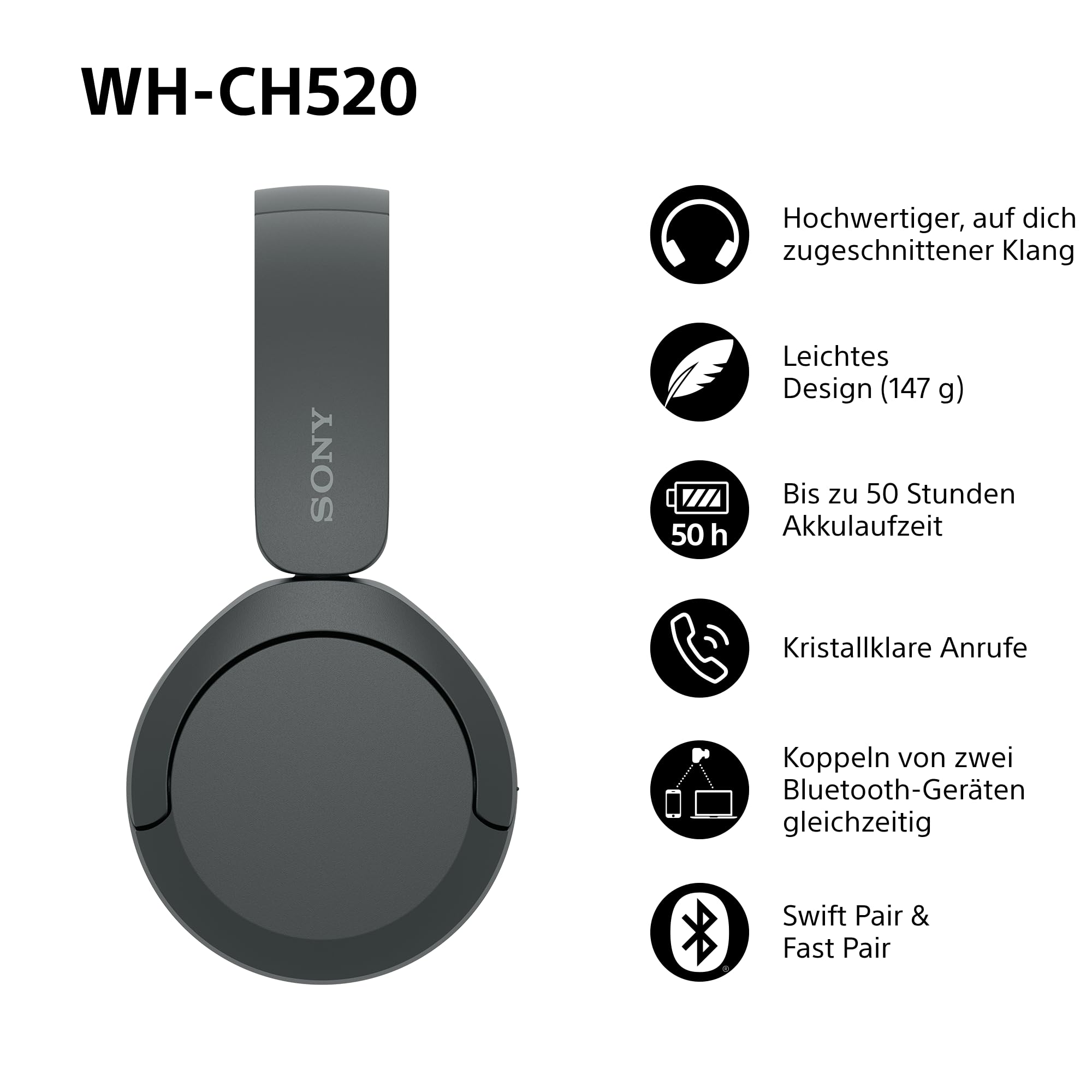 Sony WH-CH520 Kabellose Bluetooth-Kopfhörer