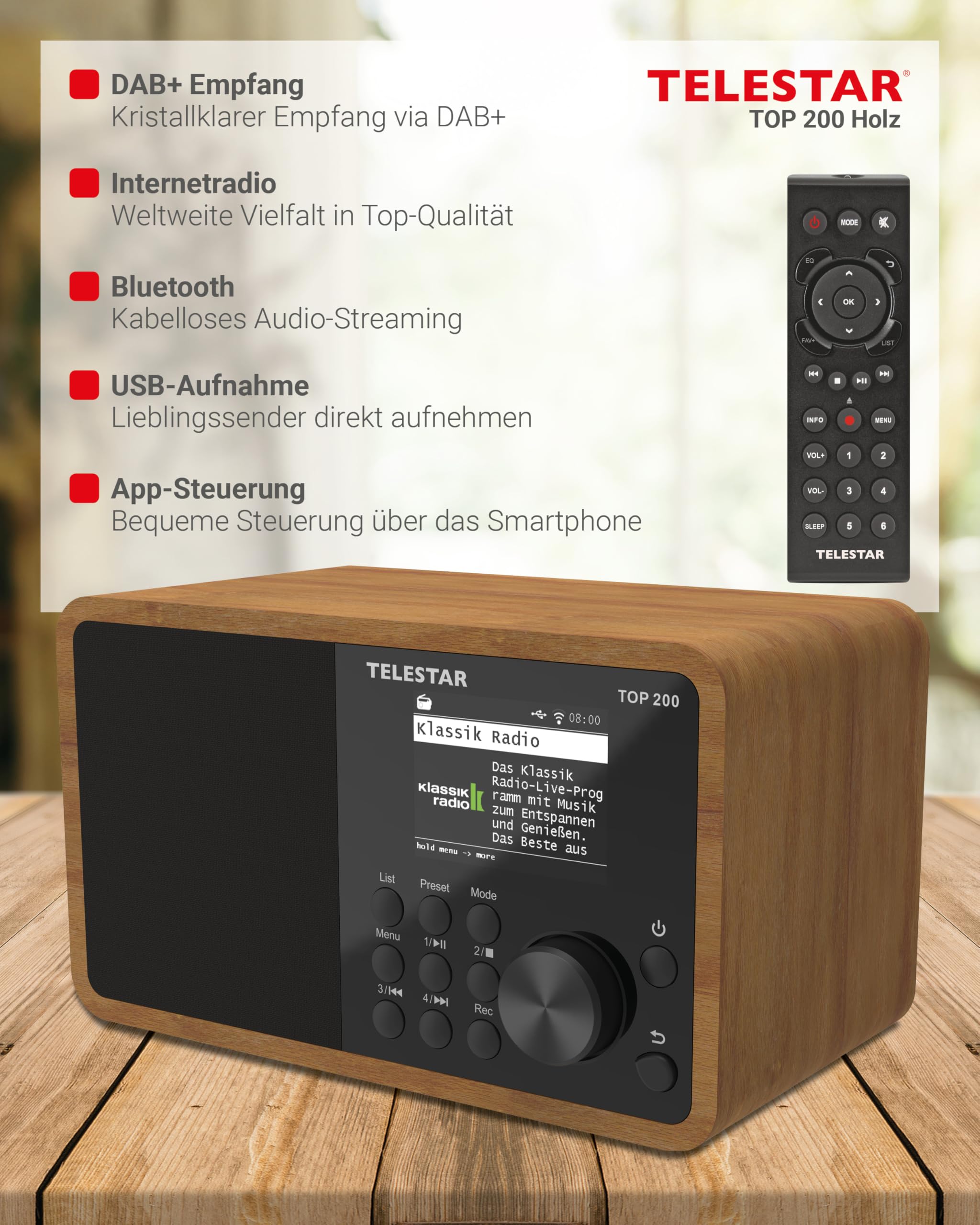 TELESTAR TOP 200 DAB+ Internetradio Bluetooth USB App Schwarz Holz