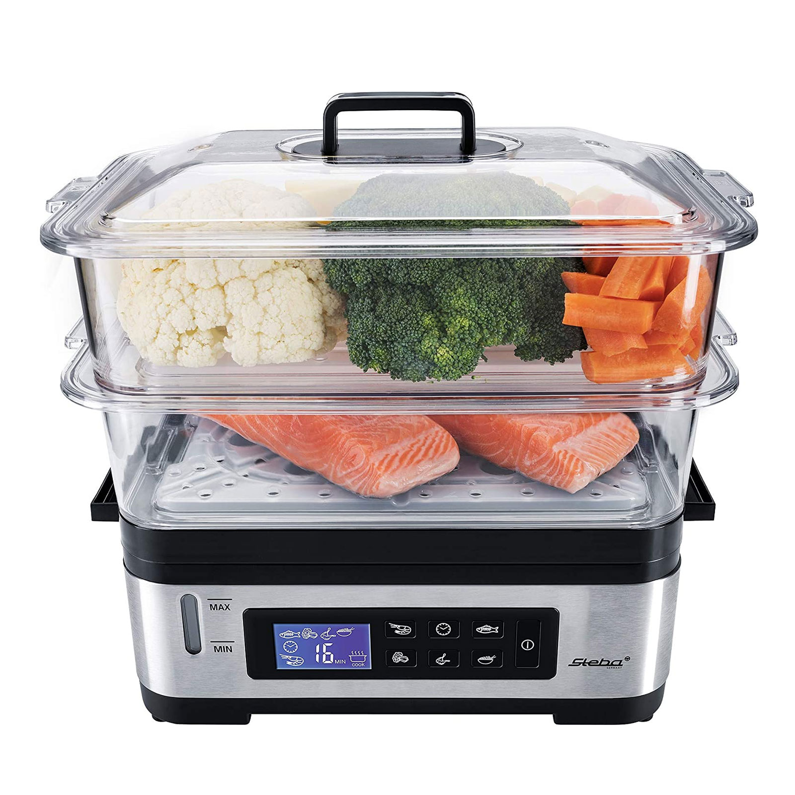 Steba 2 elektrischer Dampfgarer Edelstahl / schwarz Steba 2 elektrischer Dampfgarer Edelstahl / schwarz