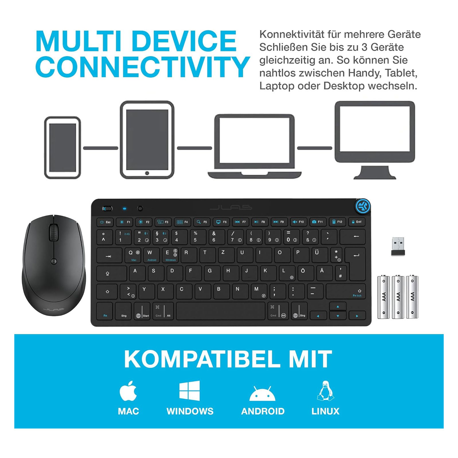 JLab Go Work Bundle Tastatur Maus Set Kabellos - Bluetooth Maus und Tastatur