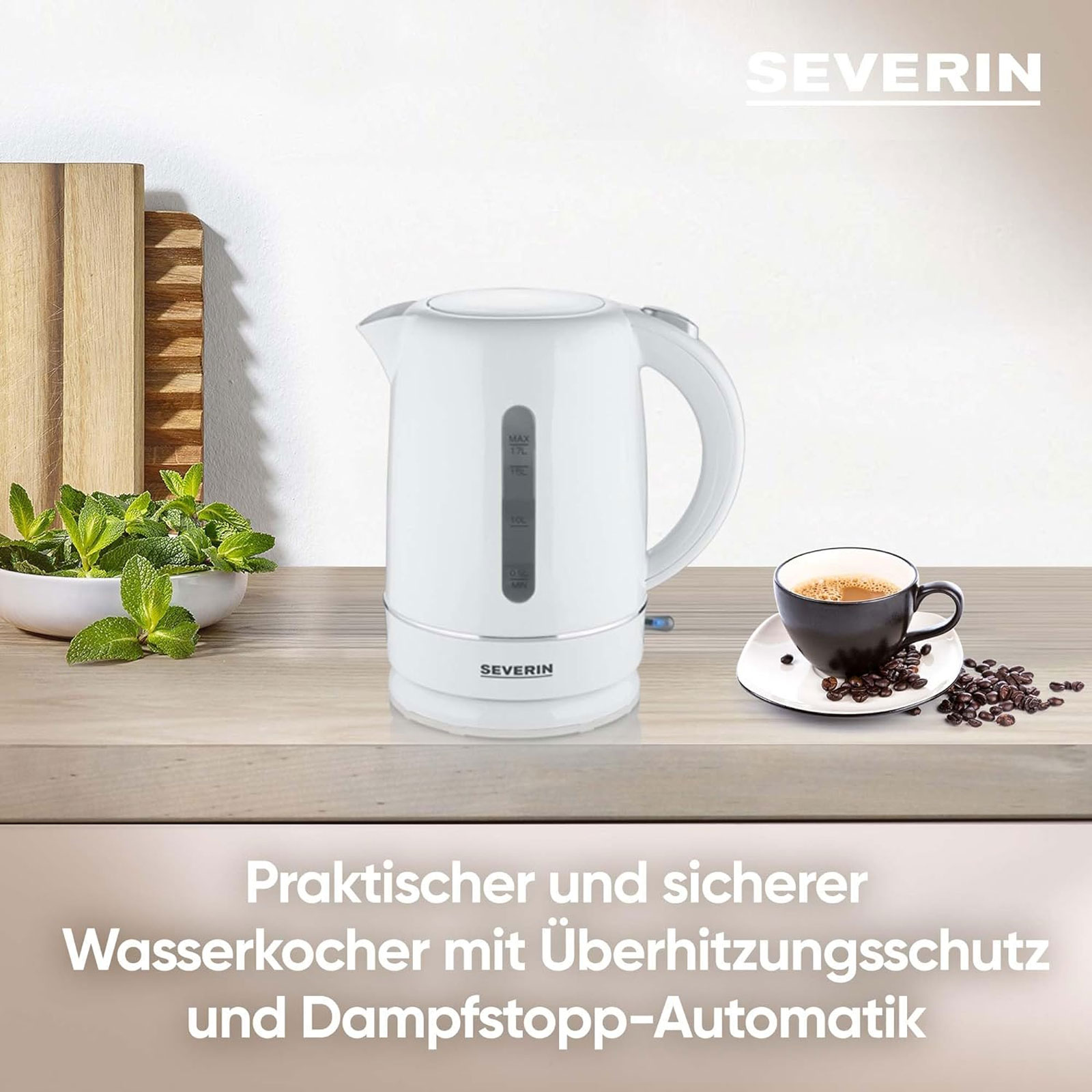 Severin WK 4325 Wasserkocher (1,7 Liter, 2200 W, Kunststoff, weiß, kabellos, Kontrollleuchte)