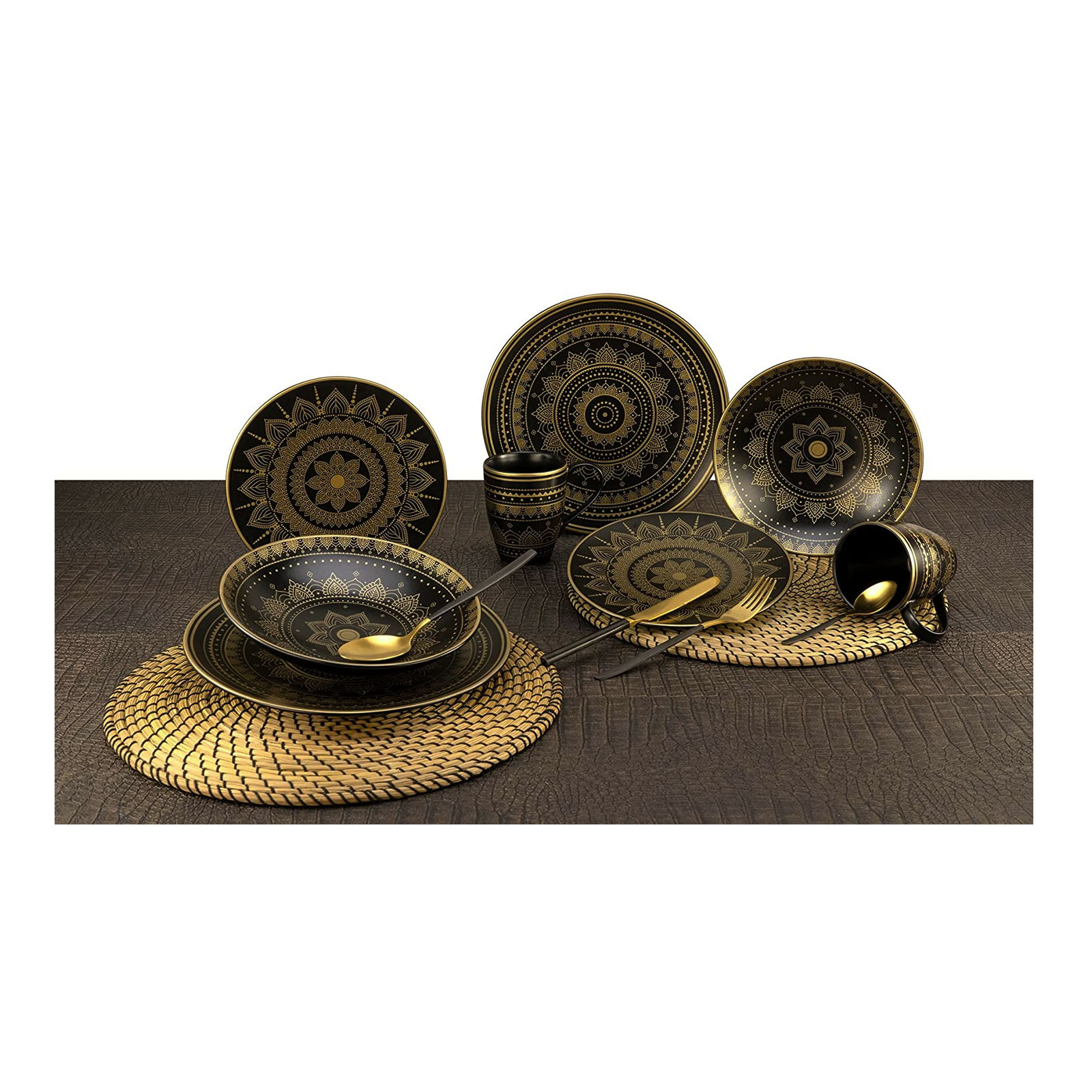 CreaTable, 23587, Serie MANDALA GOLD - schwarz, Geschirrset, Kombiservice 8 teilig