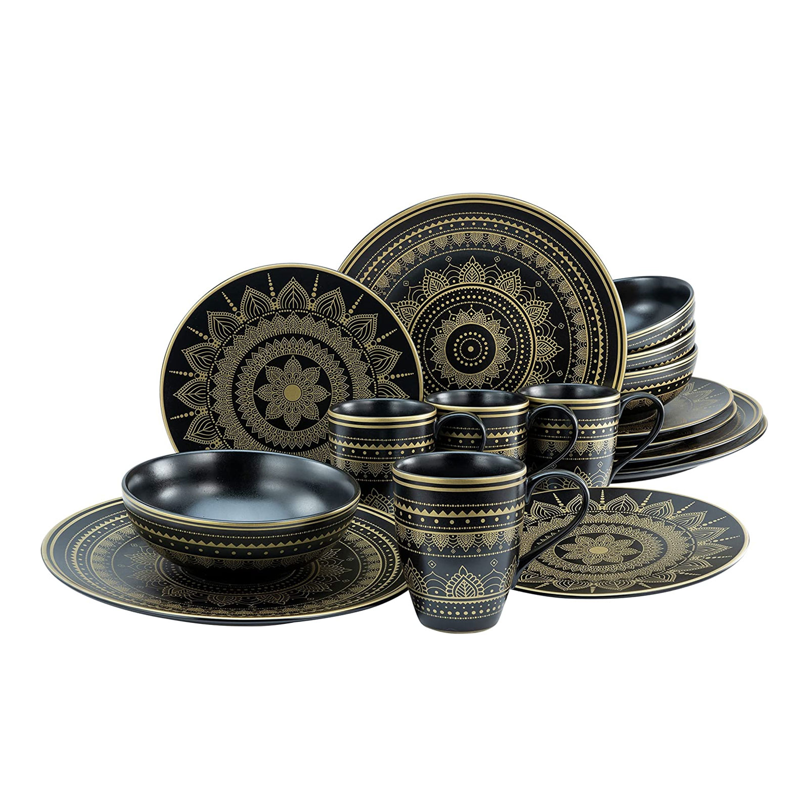 CreaTable, 23586, Serie MANDALA GOLD - schwarz, Geschirrset, Kombiservice 16 teilig