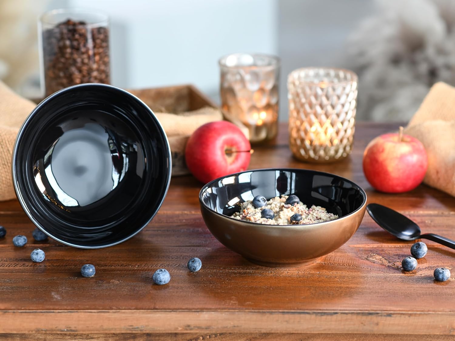 CreaTable, 24333, Serie Golden Days Schwarz, 6-teiliges Geschirrset, Müslischalen Set aus Steinzeug