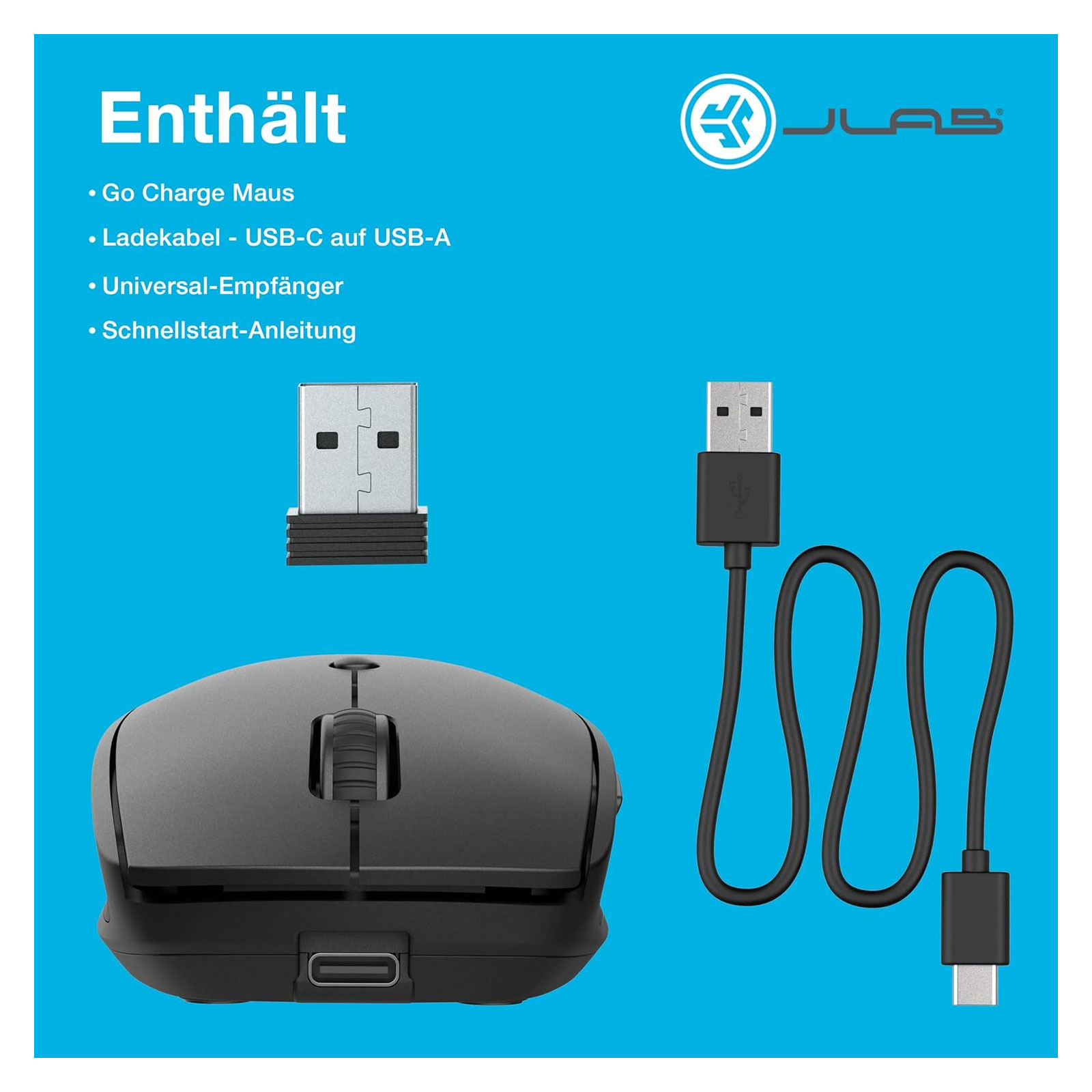 JLab Go Charge Wireless Maus Schwarz Bluetooth und 2,4 GHZ Dongle