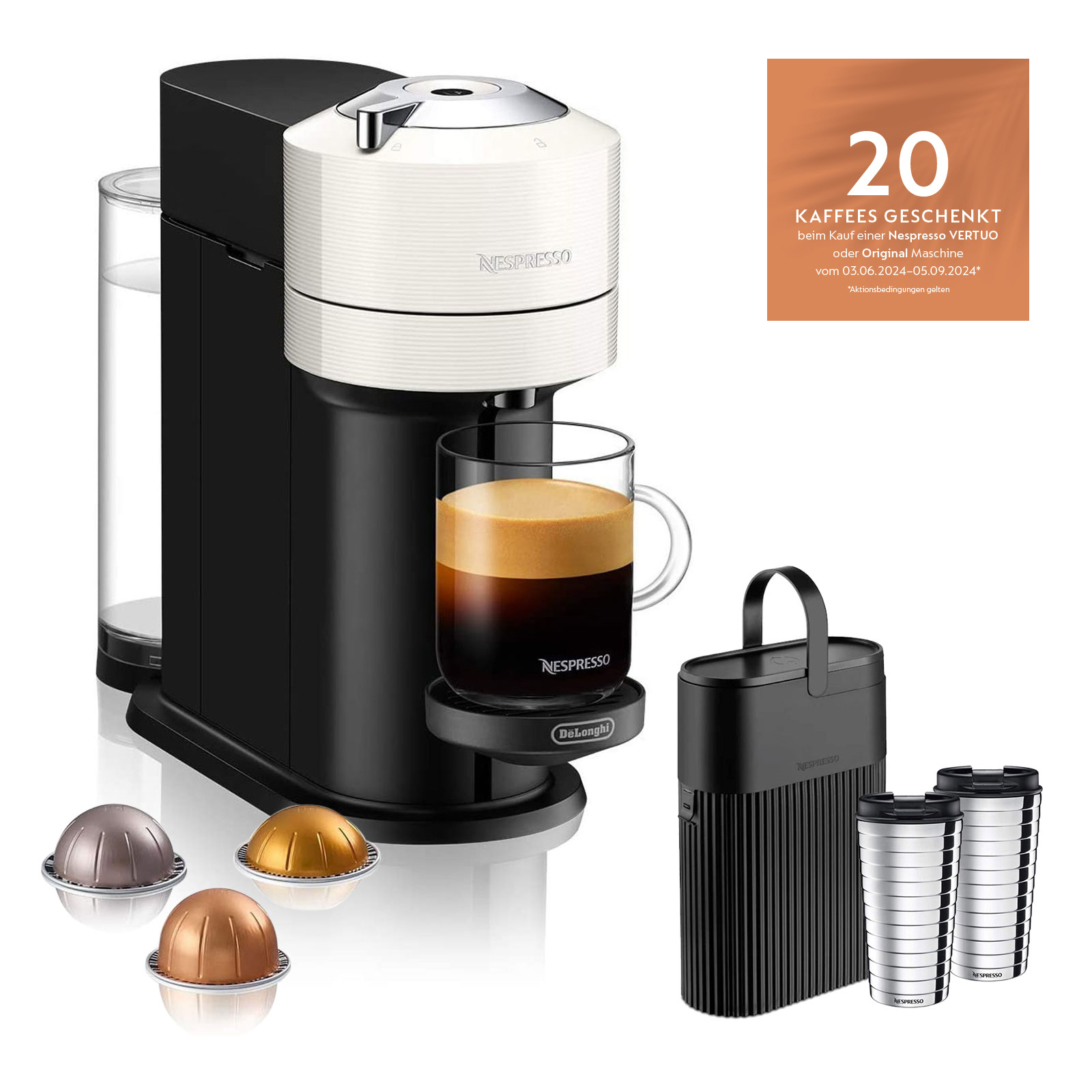 Delonghi ENV120.W VertuoNext Basic + Nespresso Geschenk-Set Recycling Behälter + Travel Mug