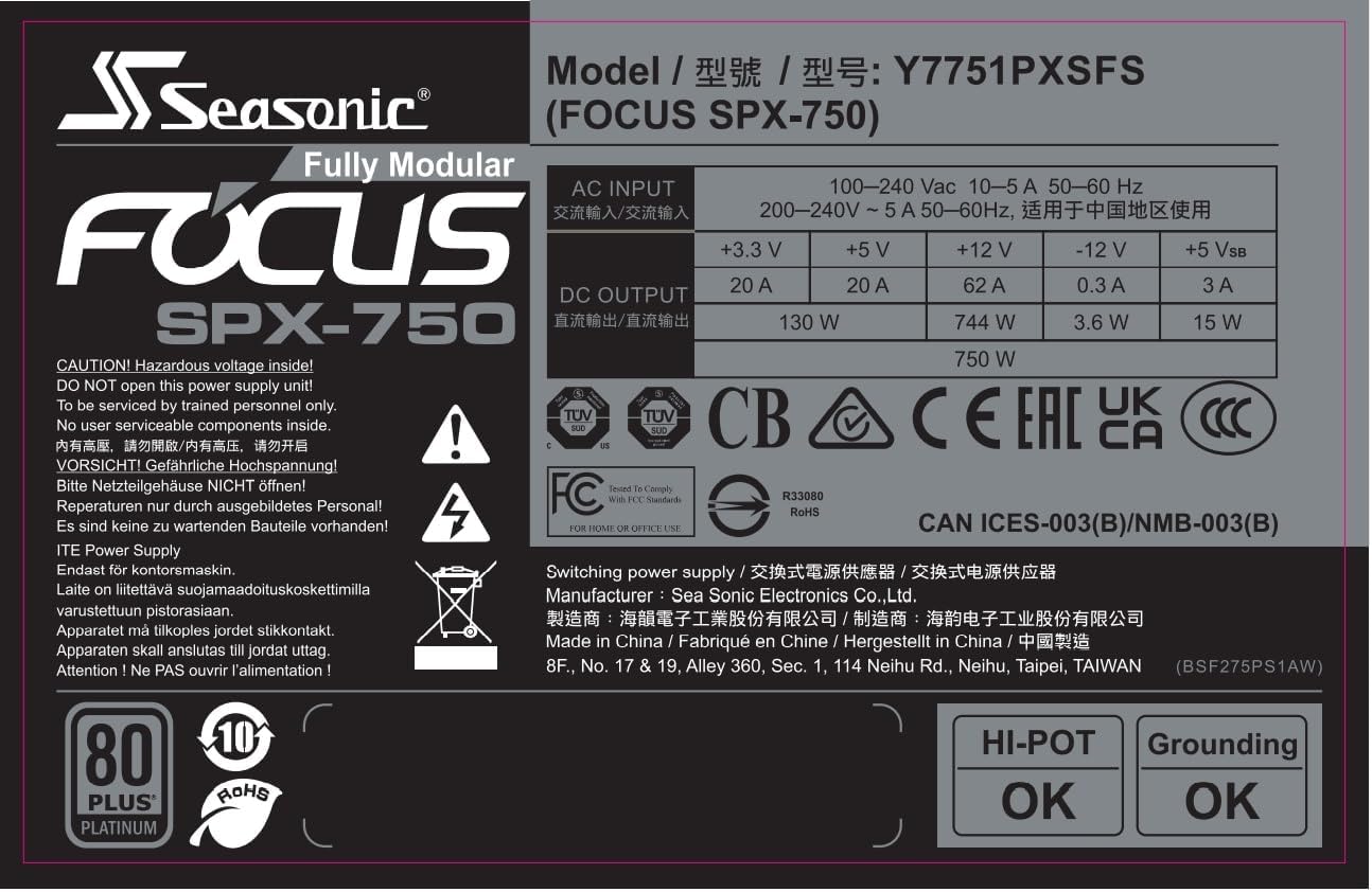 SeaSonic Focus SPX-750 750W ATX12V / SFX12V 80 Plus Platinum, Black PC-Netzteil