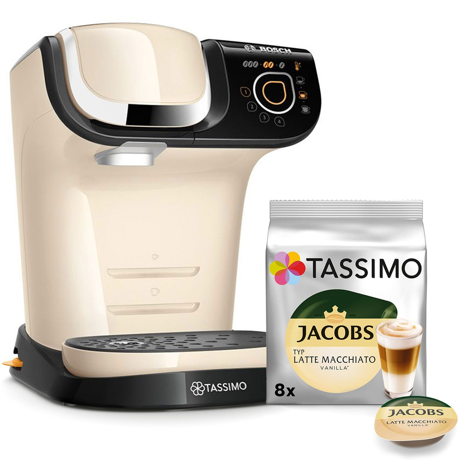 Bosch TAS6502 Tassimo Kapselmaschine + Jacobs Kaffeekapseln Latte Macchiato Vanille