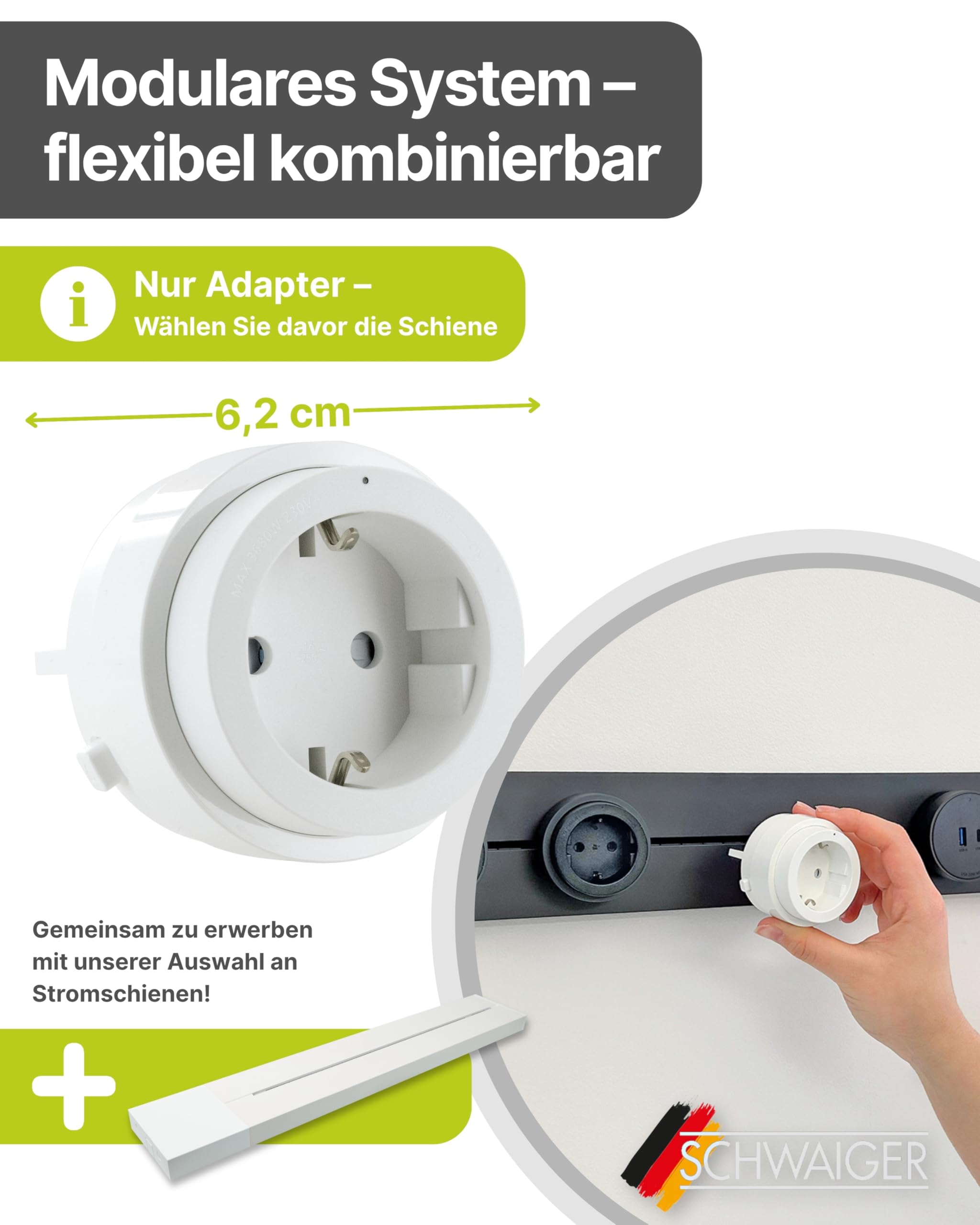 SCHWAIGER Steckdosenadapter für modulare Stromschiene Haushaltsstecker
