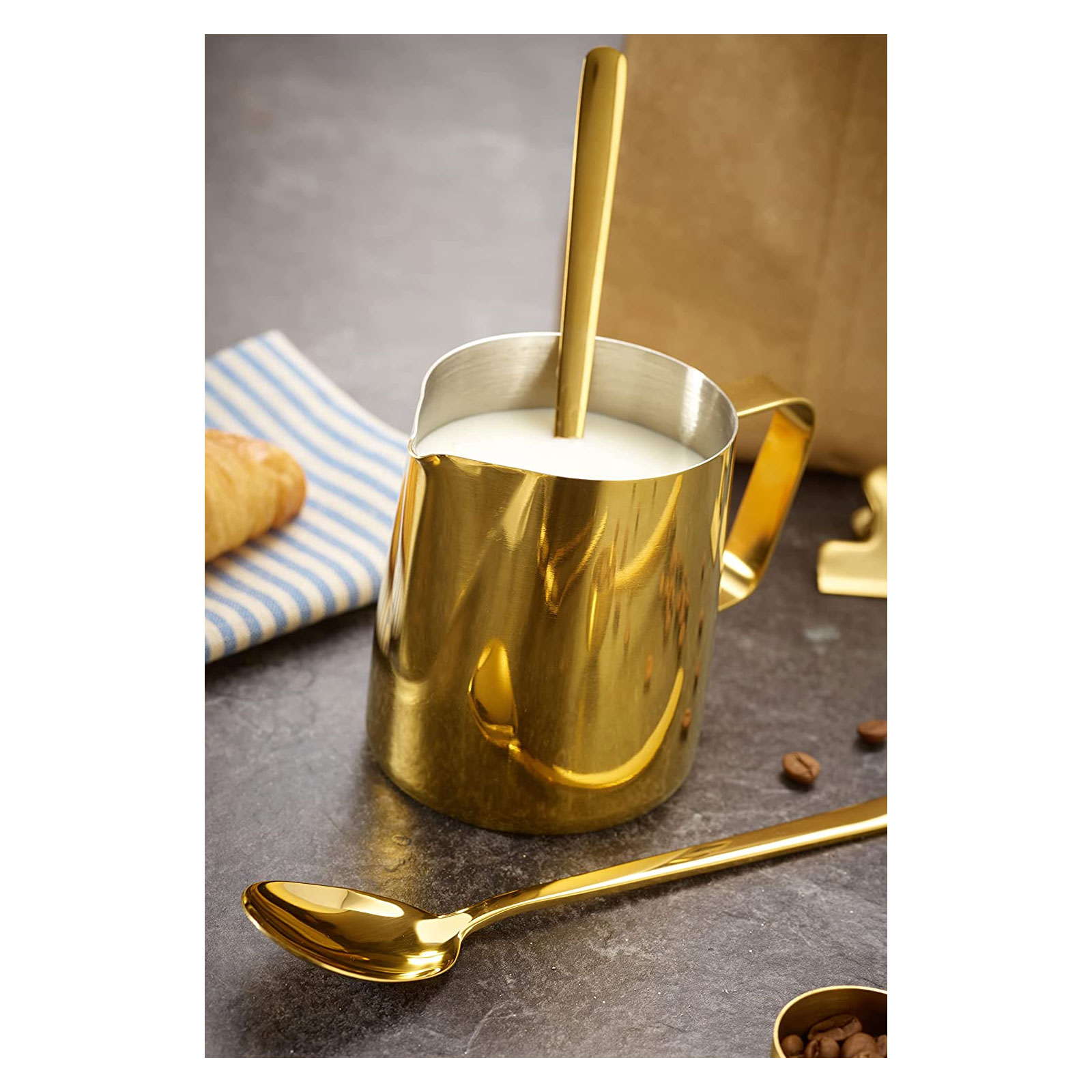 Echtwerk  Kaffeezubehör-Set, 23-tlg, Milchschaumkännchen 600 ml, Kakaostreuer, 4x Espresso-, 4x Cappuccino-, 4x Latte Macchiato-Löffel, 4x Kaffeeclips, 4x Kaffeeschablonen, Kaffeemesslöffel, Silber