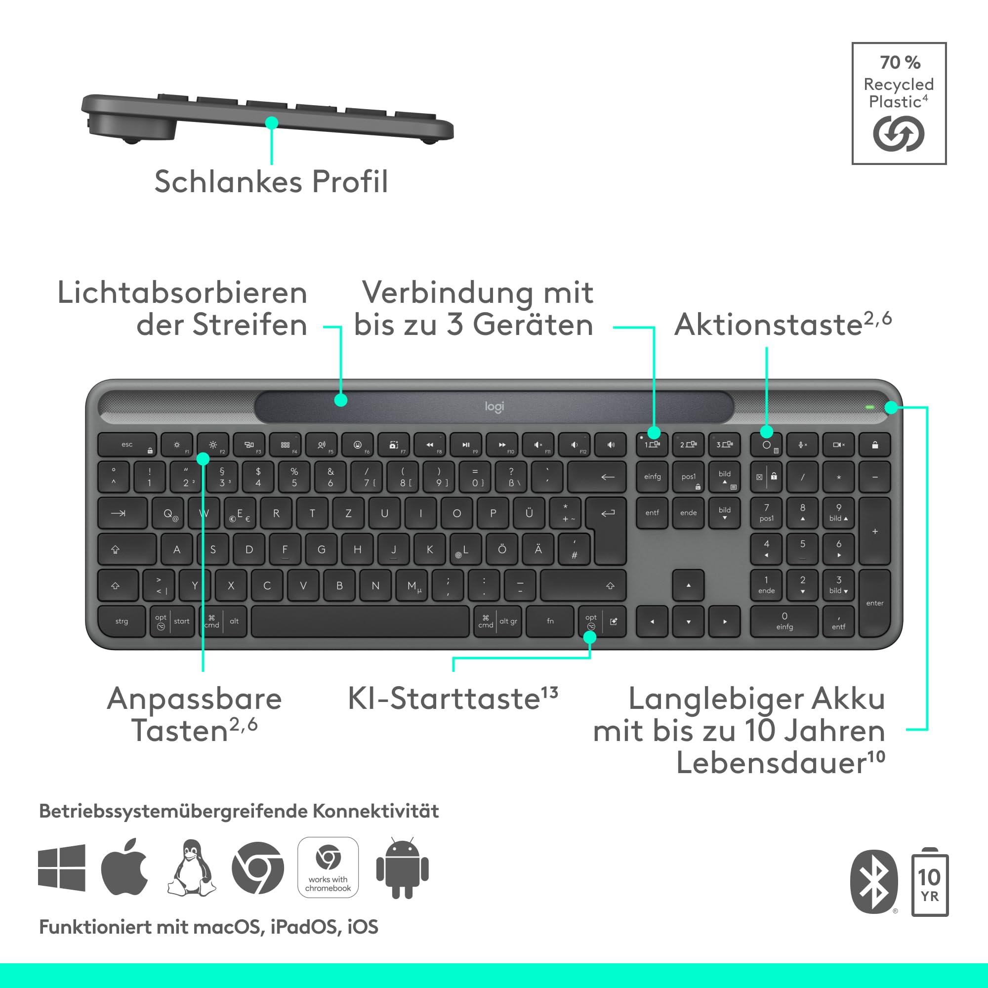Logitech Signature Slim Solar+ kabellose Bluetooth Tastatur Solar Akku Graphit