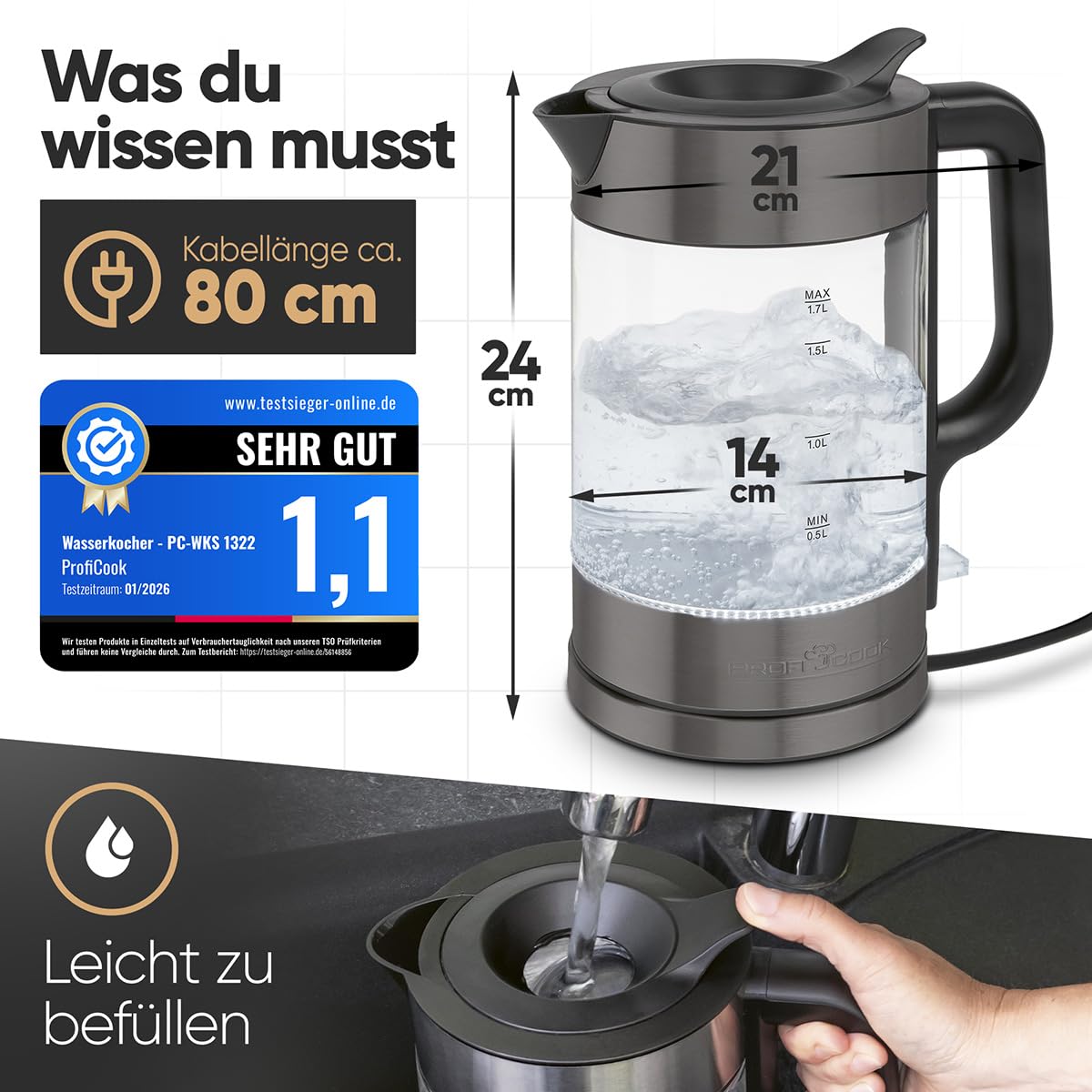 ProfiCook® Wasserkocher Glas | 1,7L | 2200W | beleuchtet | Einhandbedienung