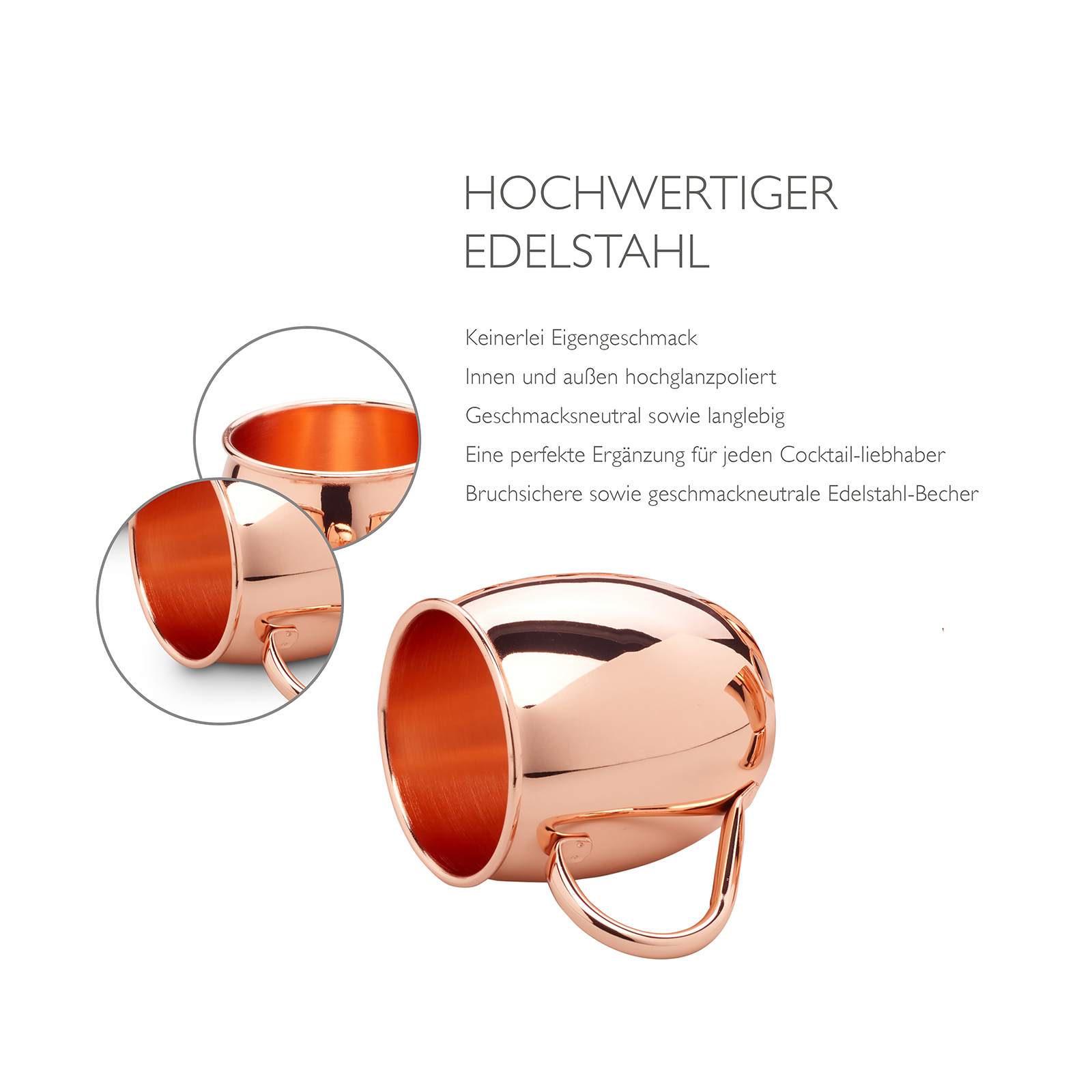 ECHTWERK Moscow Mule Kupferbecher 5er Set gefertigt aus Edelstahl bestehend aus 4x Kupferbecher 500ml und 1x Messbecher 2cl/4cl