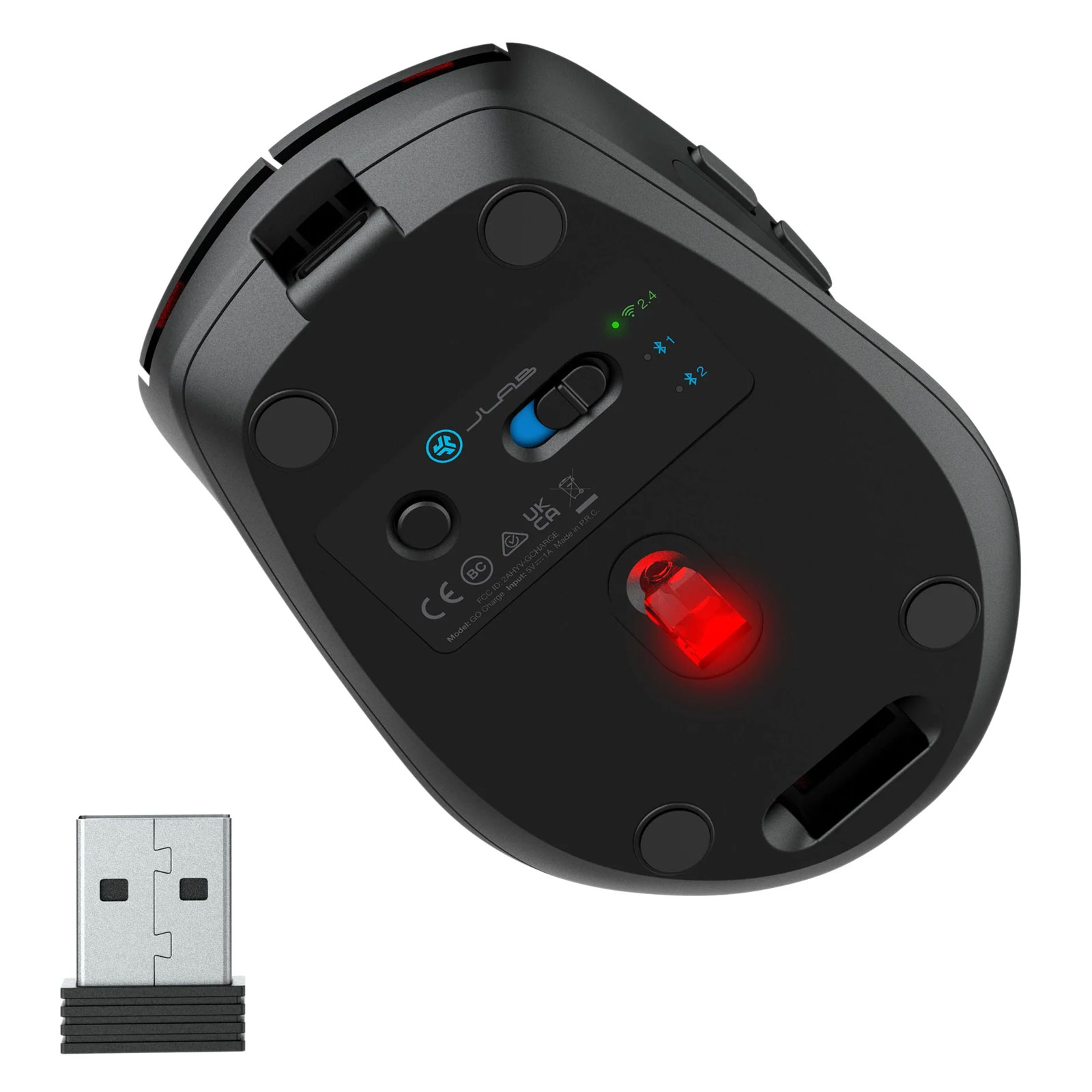 JLab Go Charge Wireless Maus Schwarz Bluetooth und 2,4 GHZ Dongle