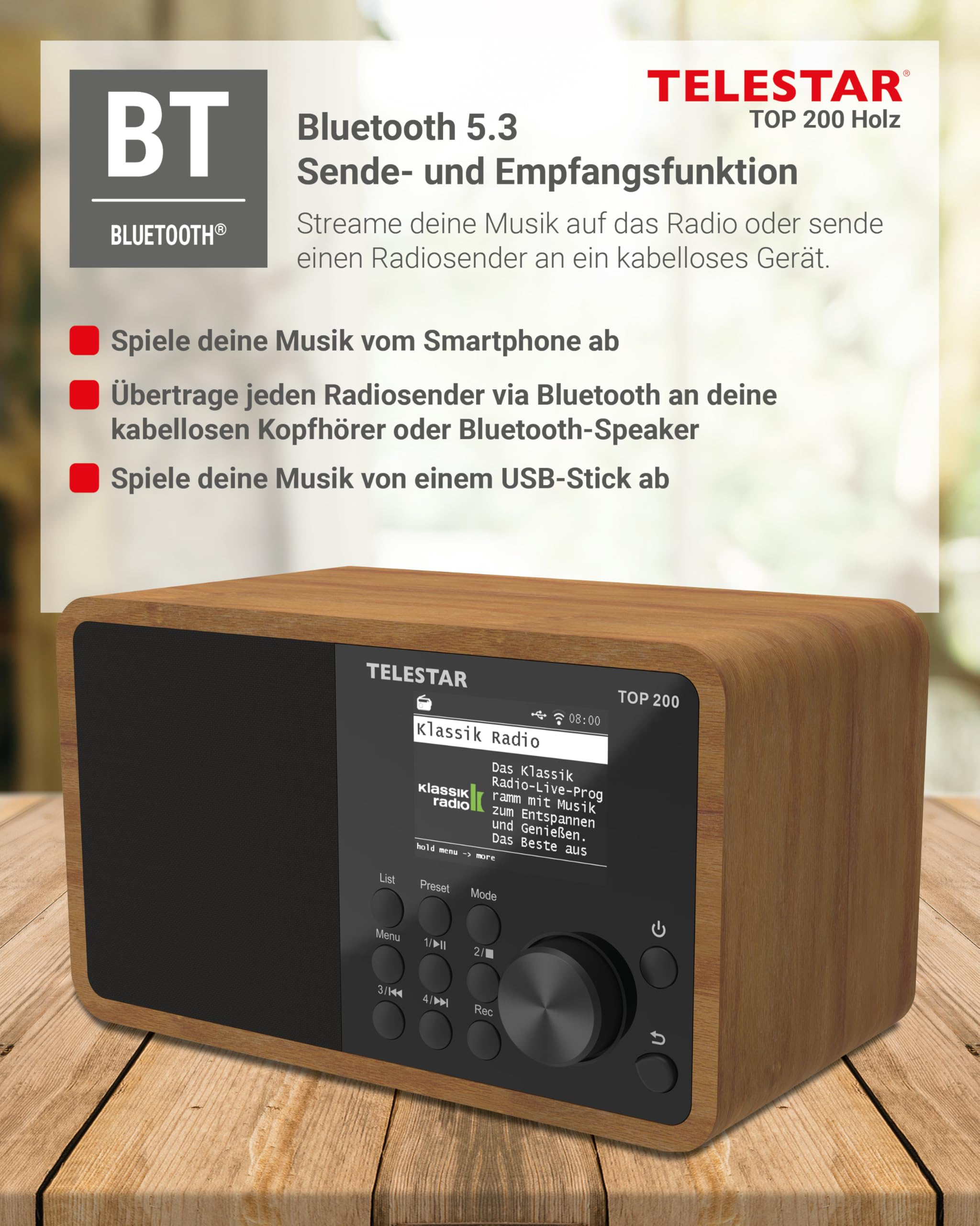 TELESTAR TOP 200 DAB+ Internetradio Bluetooth USB App Schwarz Holz