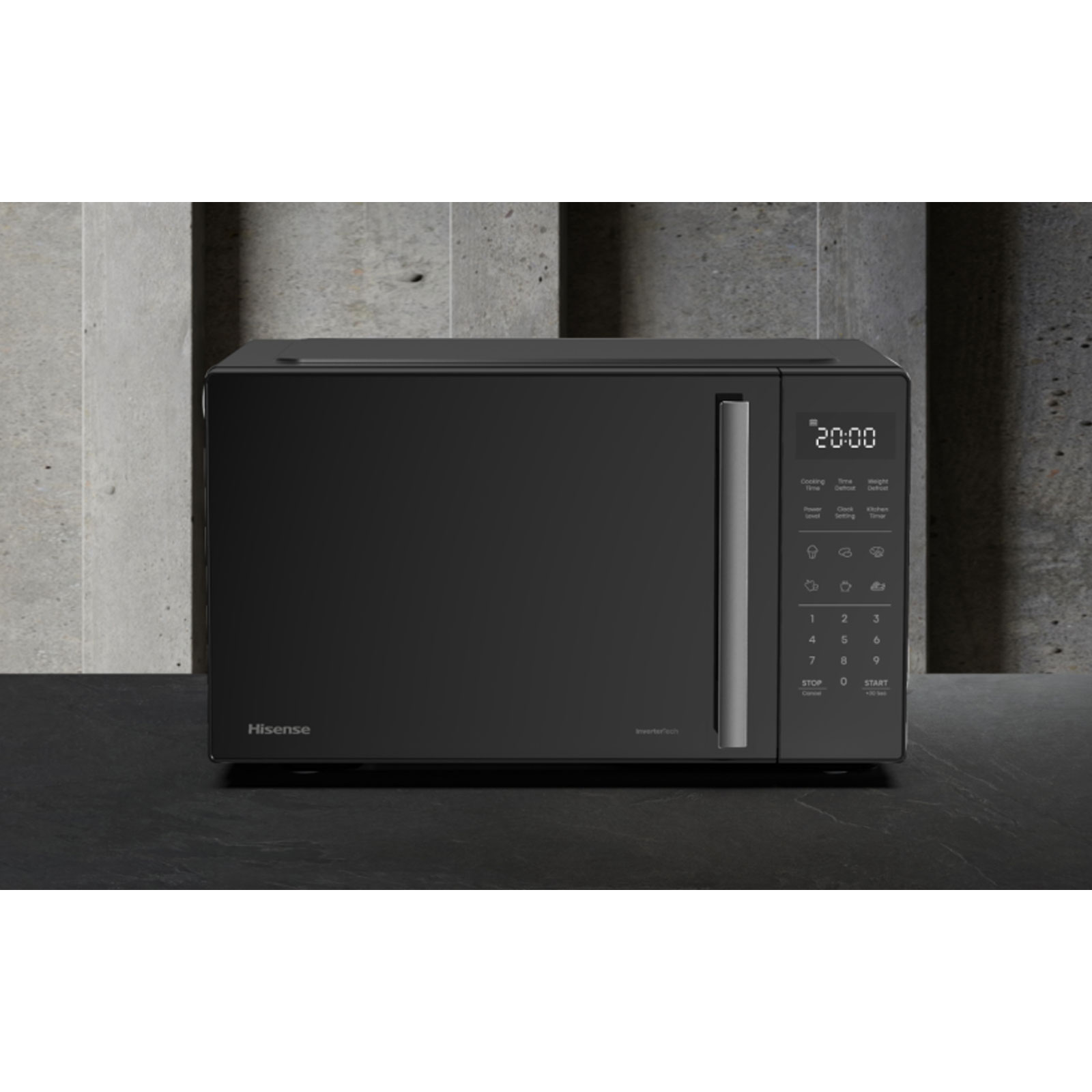 HISENSE H23MOBS4HI Mikrowelle (23 Liter, 900 Watt, elektronische Steuerung, Keramikbeschichtung, 10 Leistungsstufen, Auftauoption, 6 Automatikprogramme, Glasdrehteller 28,5 cm, Invertertechnologie, Premium-Glastür, Schwarz)