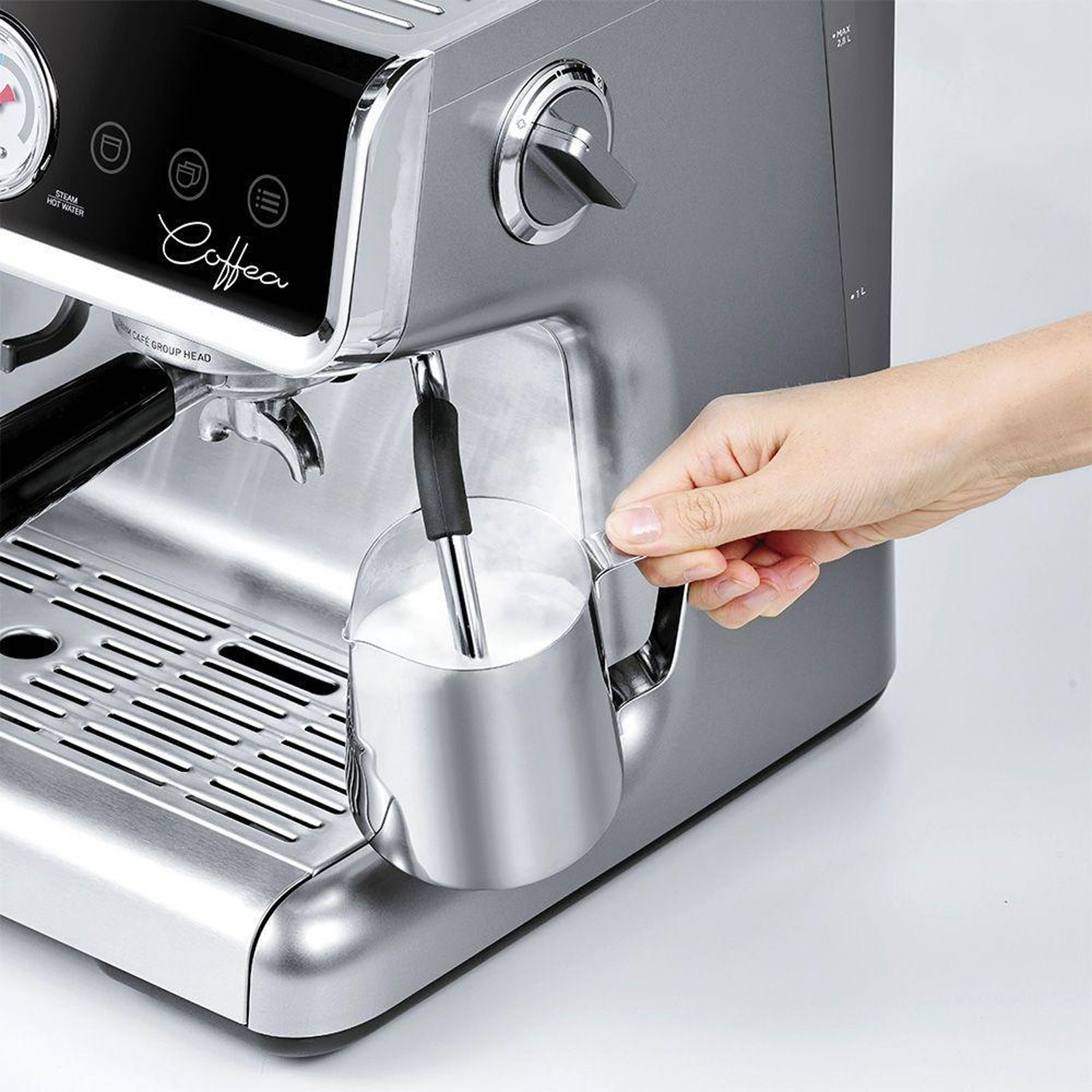Polti Coffea G50S Siebträger-Espressomaschine (15 bar, 1600 Watt, Barista, Touchpanel, Edelstahl-Tamper, 30 Mahlgrade, 2,8 Liter Wassertank, Doppel-Ausgabe)