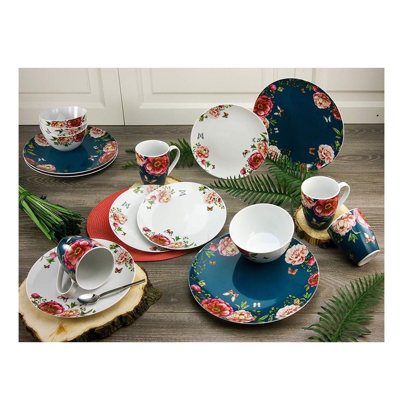 CreaTable, 22221, Serie Enjoy ROSES - Petrol + weiss, Geschirrset, Kombiservice 30 teilig
