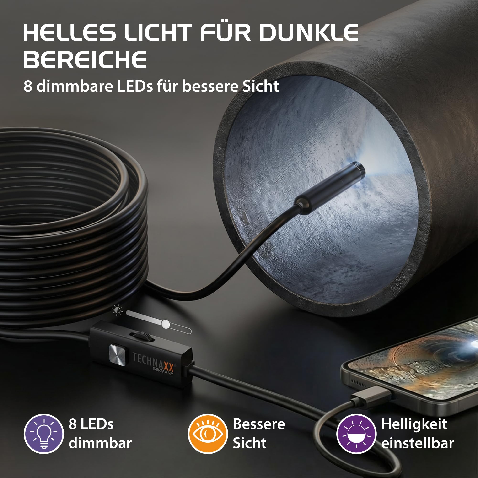 Technaxx USB-C Endoskopkamera TX-386 – Inspektionskamera mit Licht