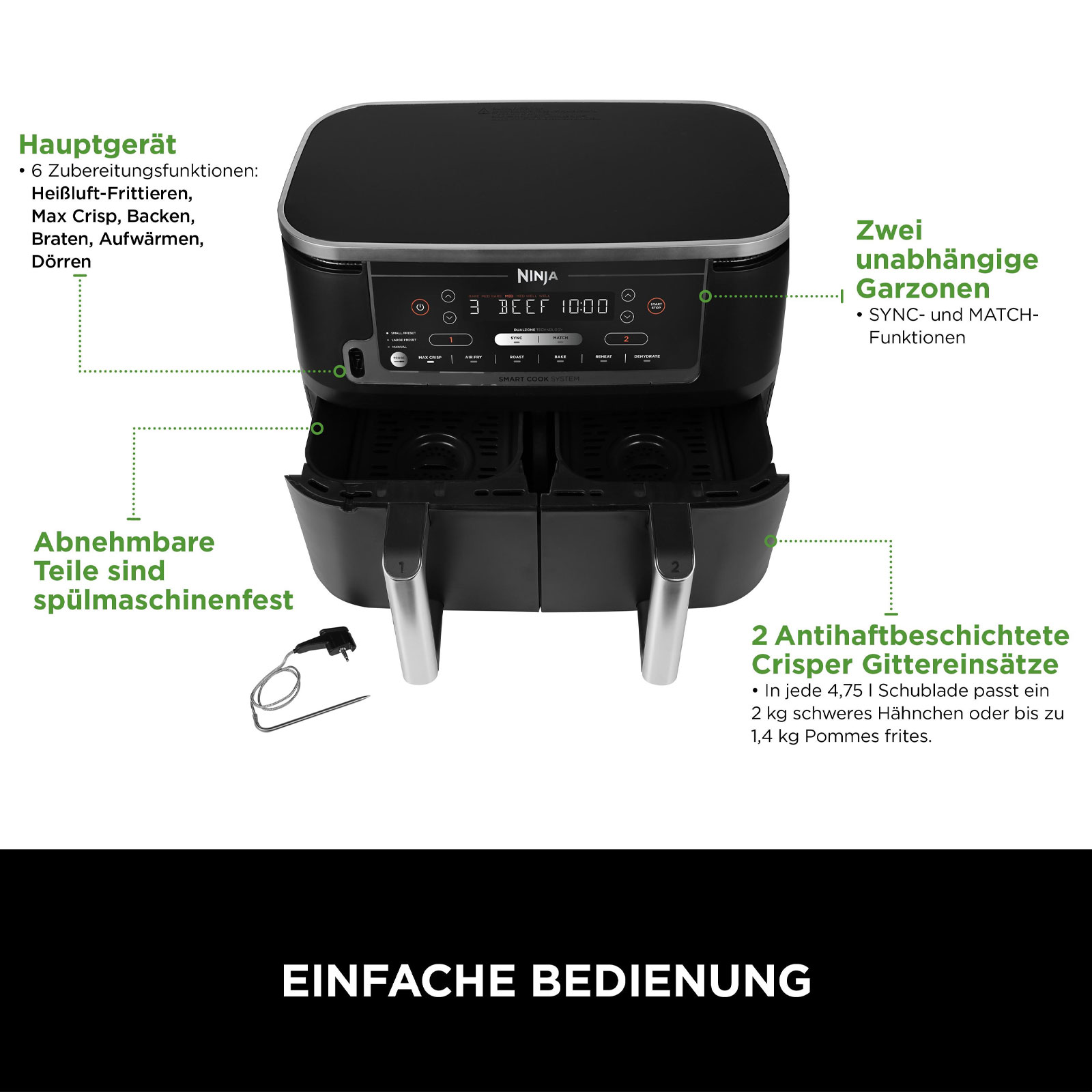 Ninja AF451EU Foodi MAX Dual Doppel-Heißluftfritteuse Ninja AF451EU Foodi MAX Dual Doppel-Heißluftfritteuse