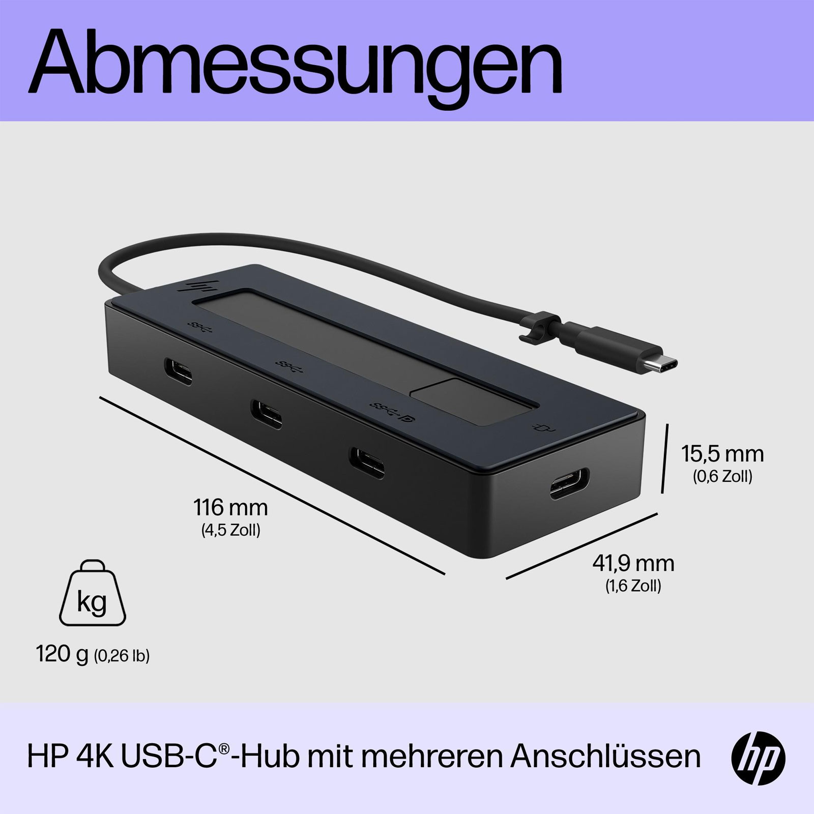 HP Universal USB-C Multiport-Hub, Schwarz (4x USB-C, 10 Gbit/s, 65 W, 4K, 6G842AA#ABB)