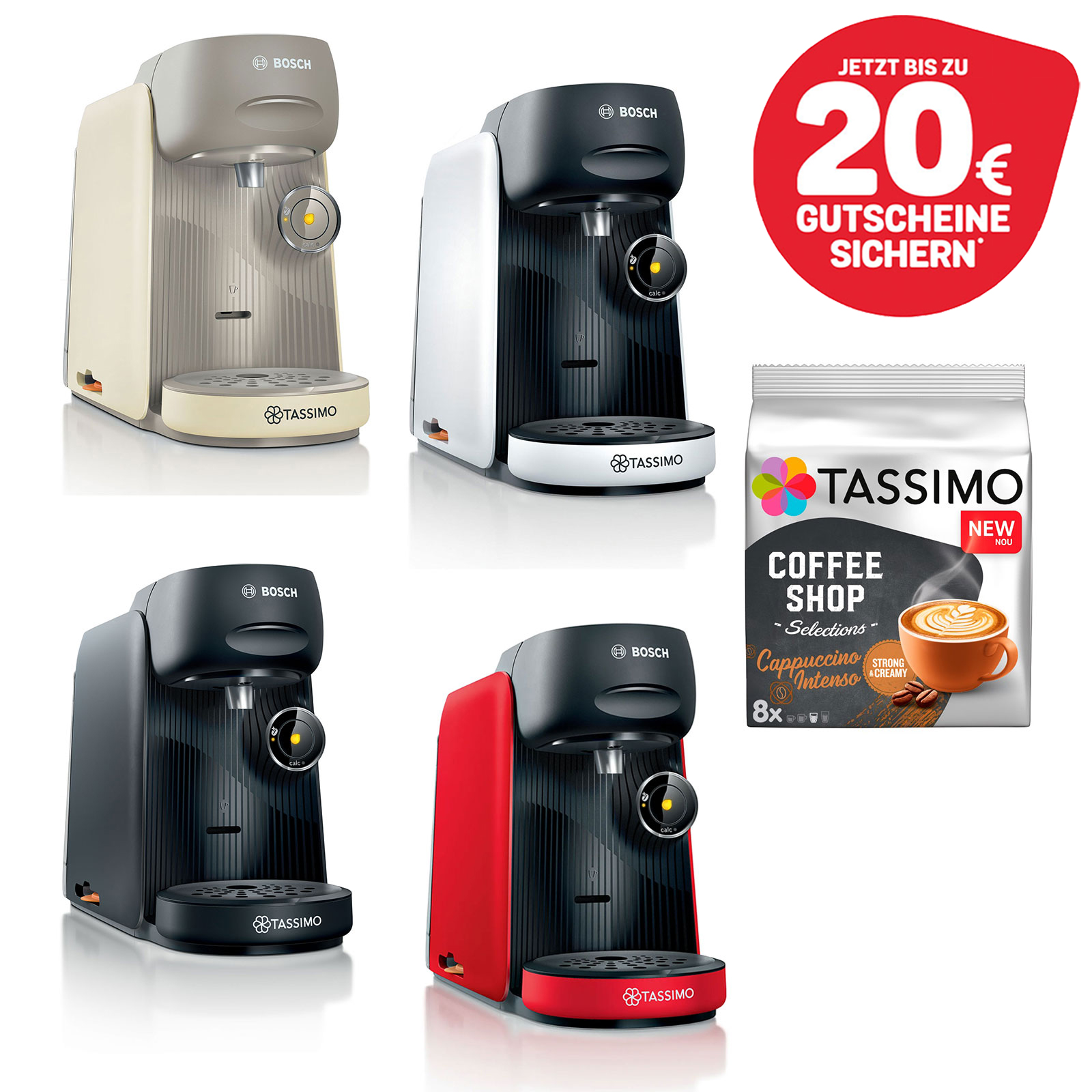 Bosch TAS16xx TASSIMO Multi-Getränke-Autom. FINESSE inkl. TASSIMO Kapseln Cappuccino Intenso